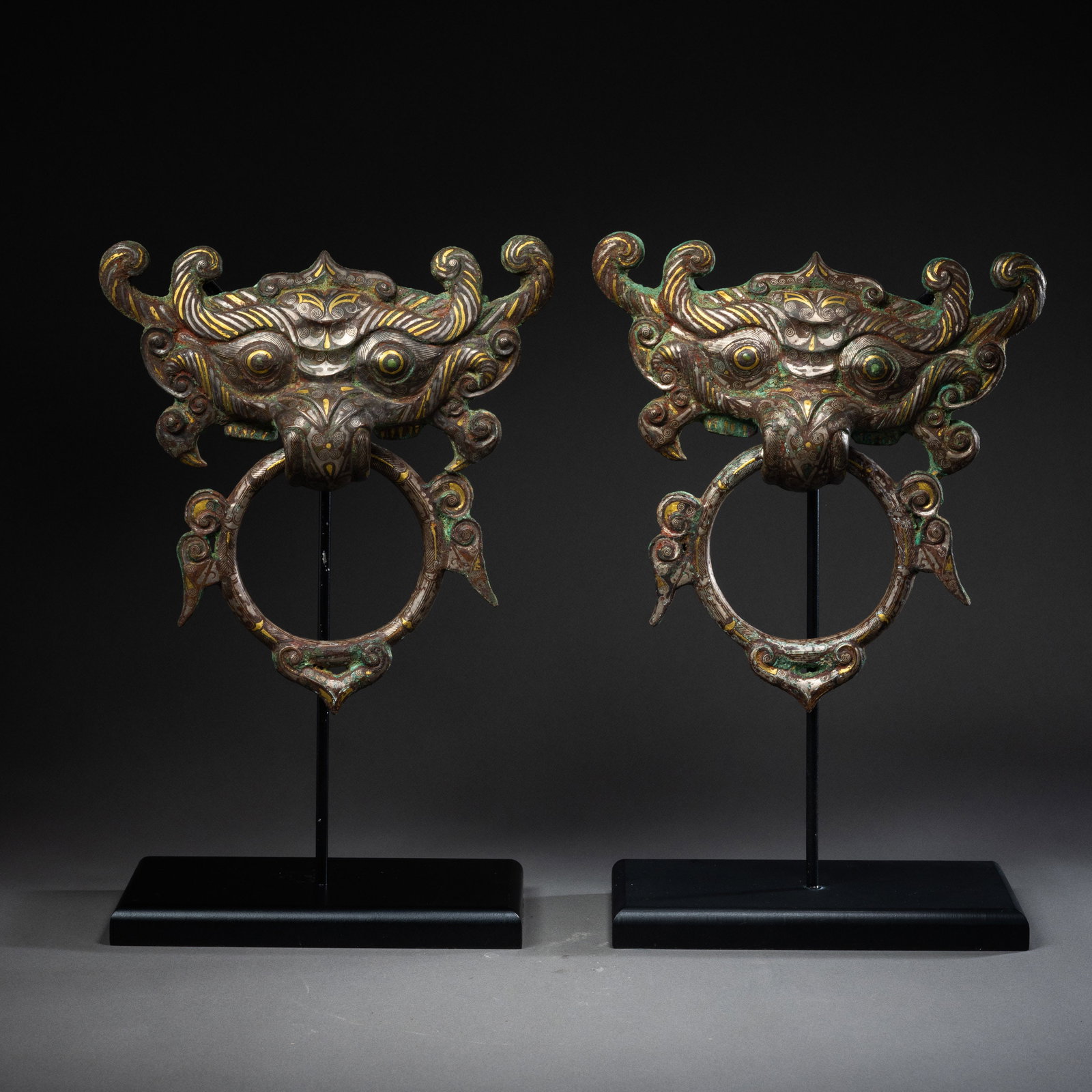 A pair of Chinese Warring States period gold and silver inlaid door knockers (1 of 18)
