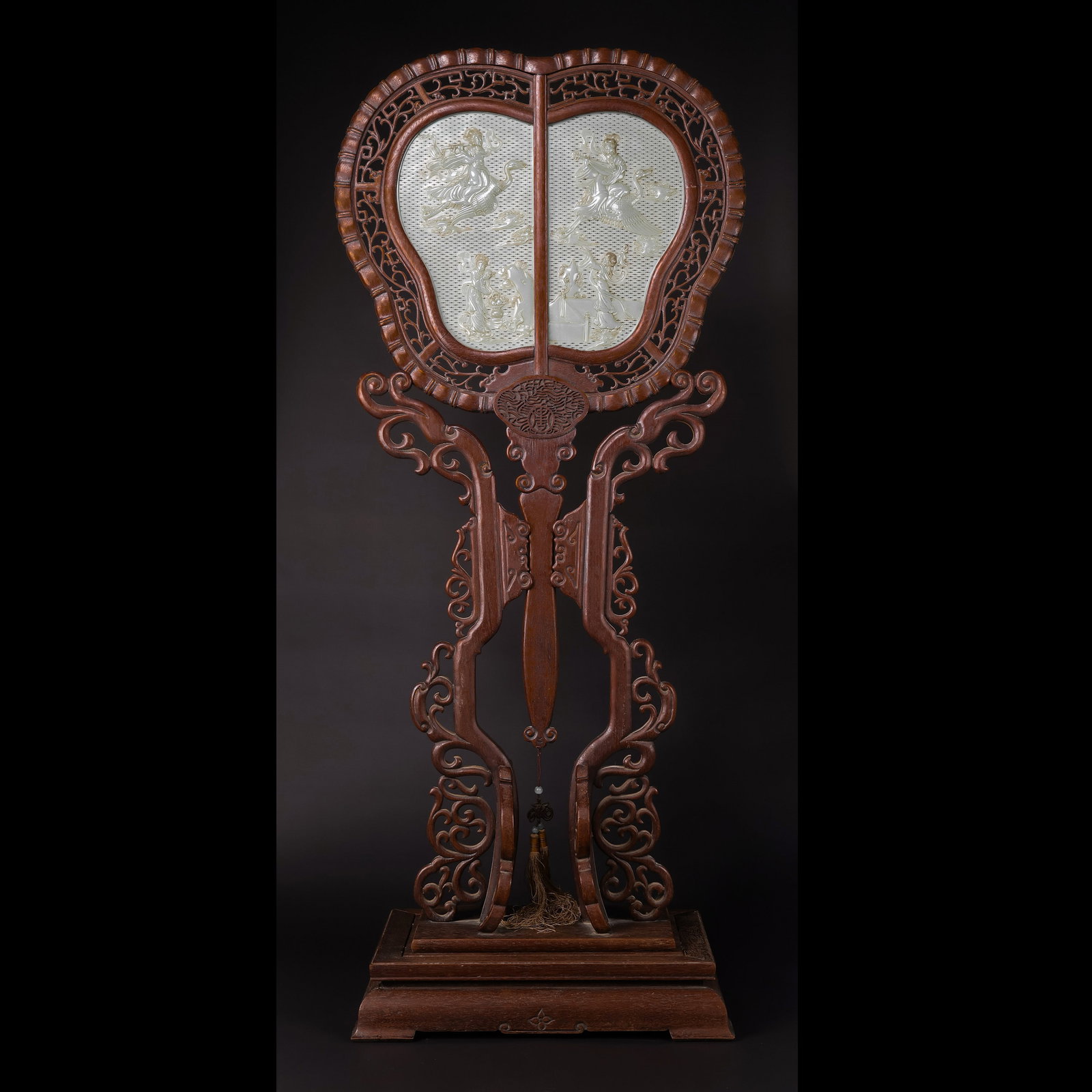 Chinese Qing Dynasty Rosewood Openwork Carved Fan-Shaped Screen Inlaid with Hetian Jade Figure (1 of 8)