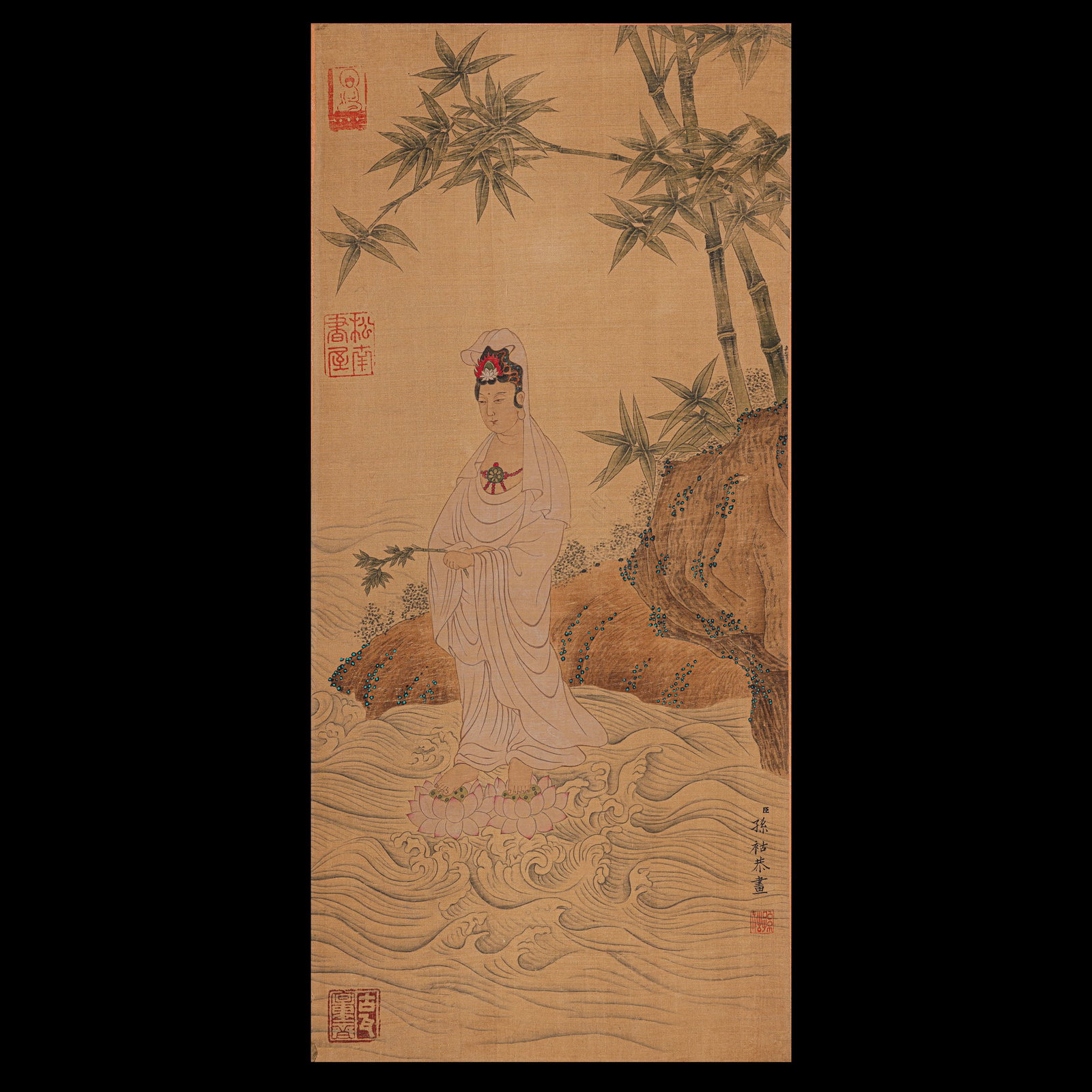 "Avalokitesvara under the Bamboo" by Sun Hu: L . 48.5 cm . W . 22.5 cm .