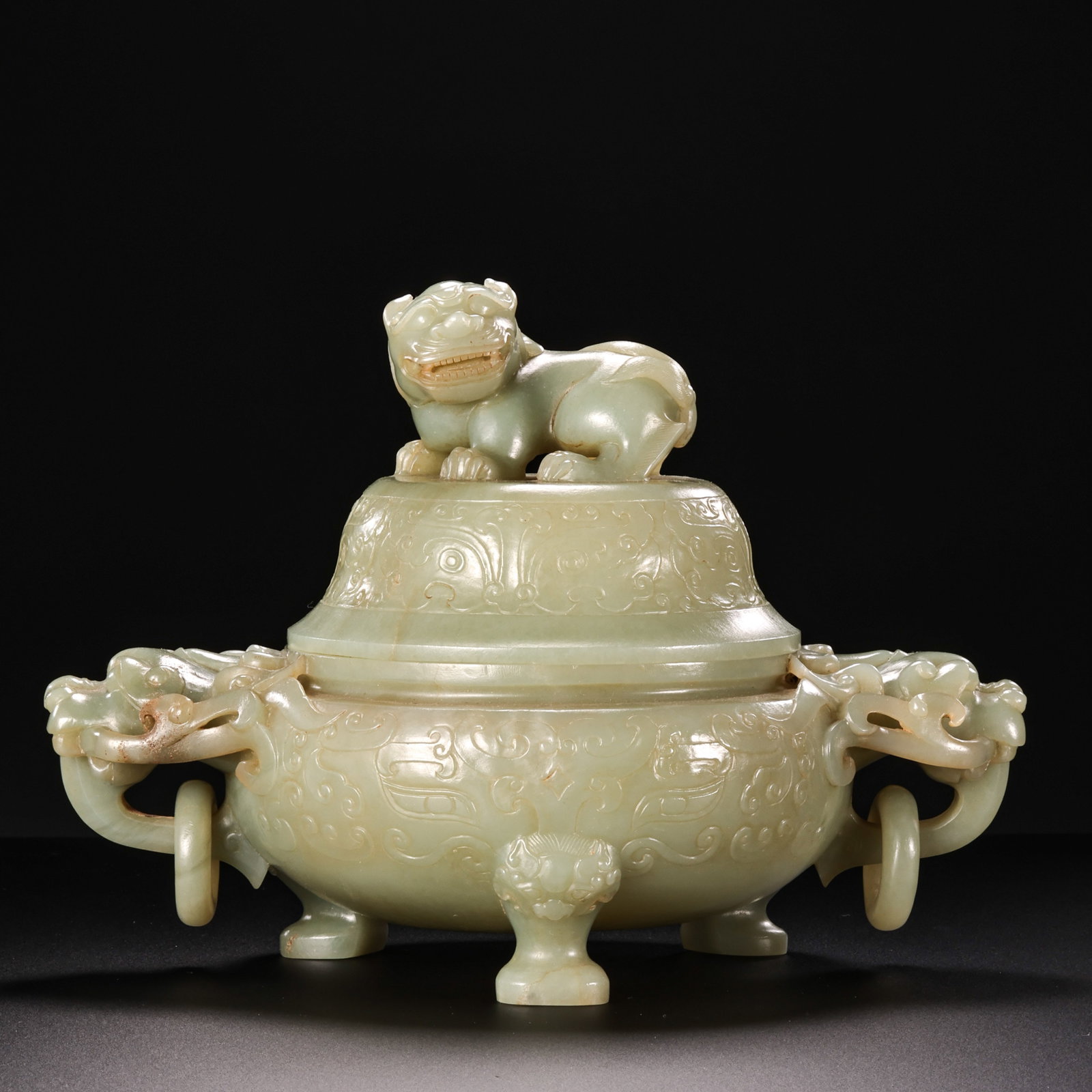 Chinese Qing Dynasty Hetian Jade Tripod Incense Burner: H . 16 cm . L . 21.5 cm . Weight 1247 gram .