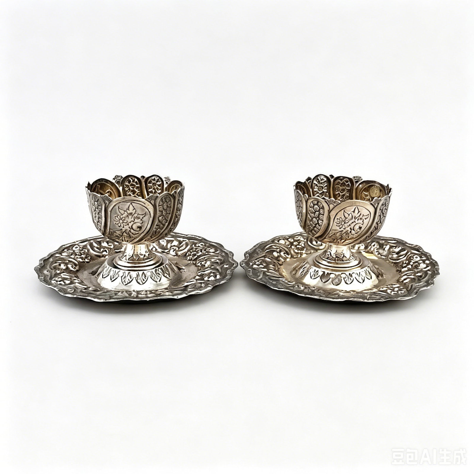 Pair of Solid Silver Coffee Cup and Saucer Sets with Floral Scroll Motifs, Ottoman Empire, Reign of (1 of 9)