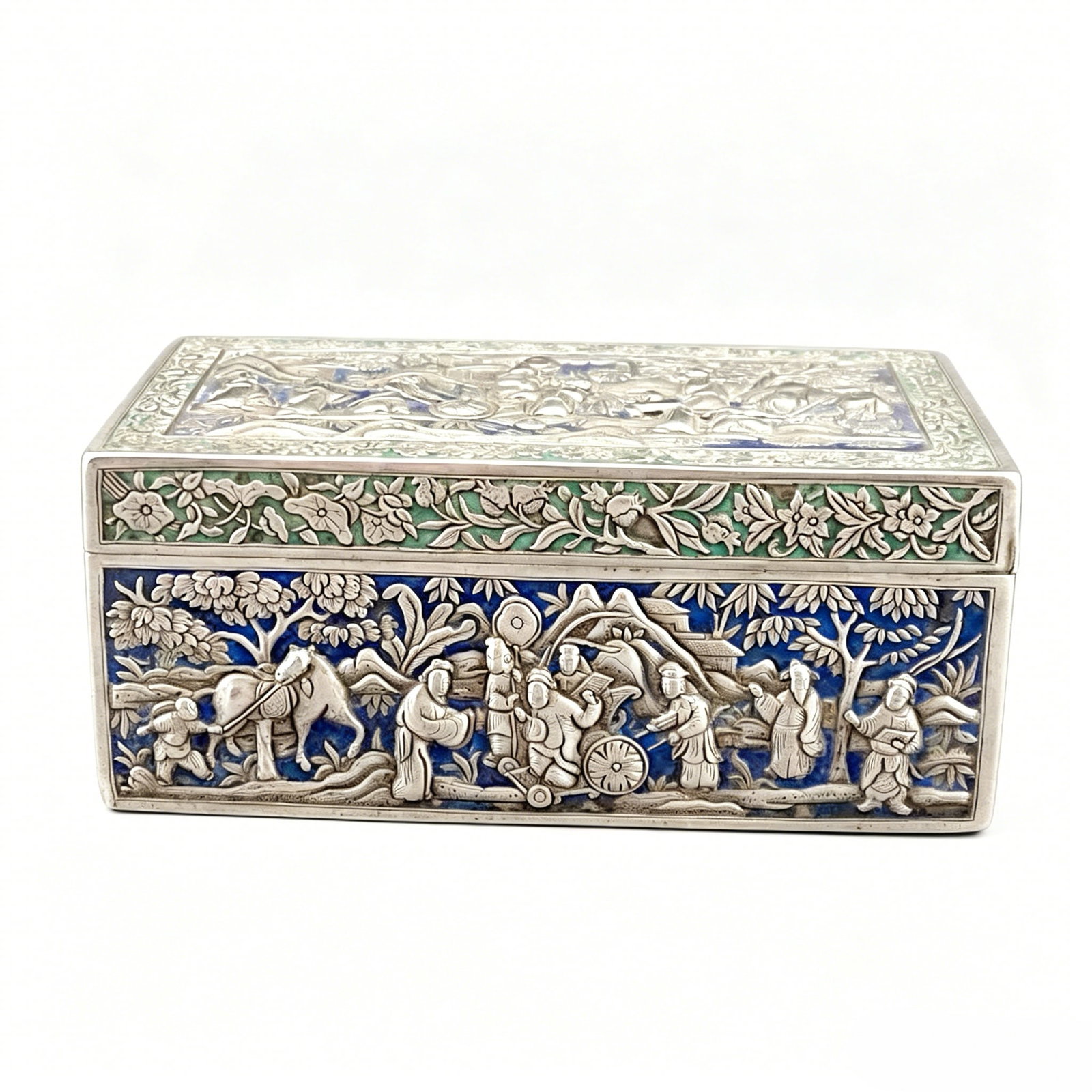 Late Qing to Republican Chinese Export High-Relief Enameled Solid Silver Rectangular Cigar Storage (1 of 7)