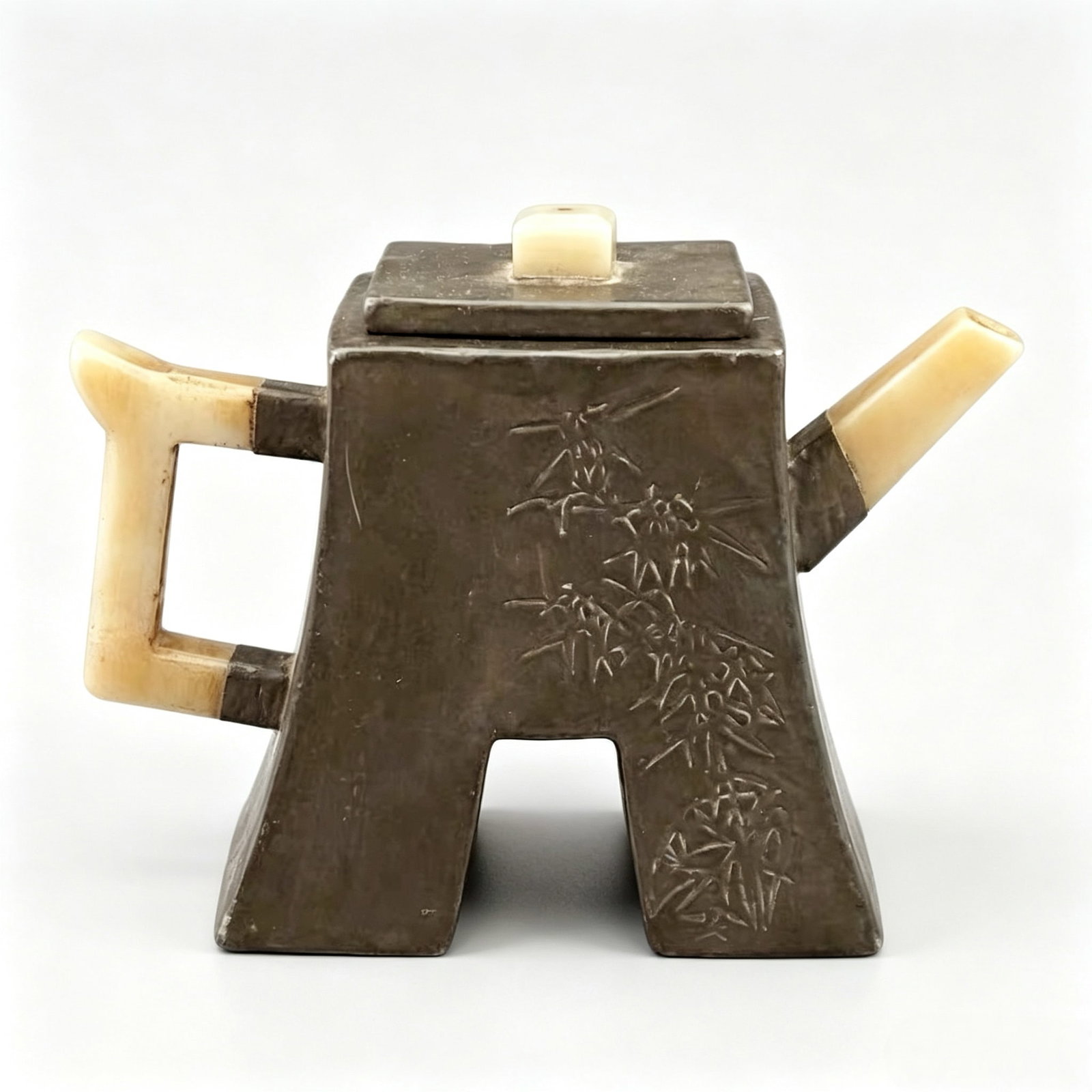 Yang Pengnian Marked Purple Clay Teapot Wrapped in Tin with Three Inlaid Yellow Jade Fittings, Cloth (1 of 9)