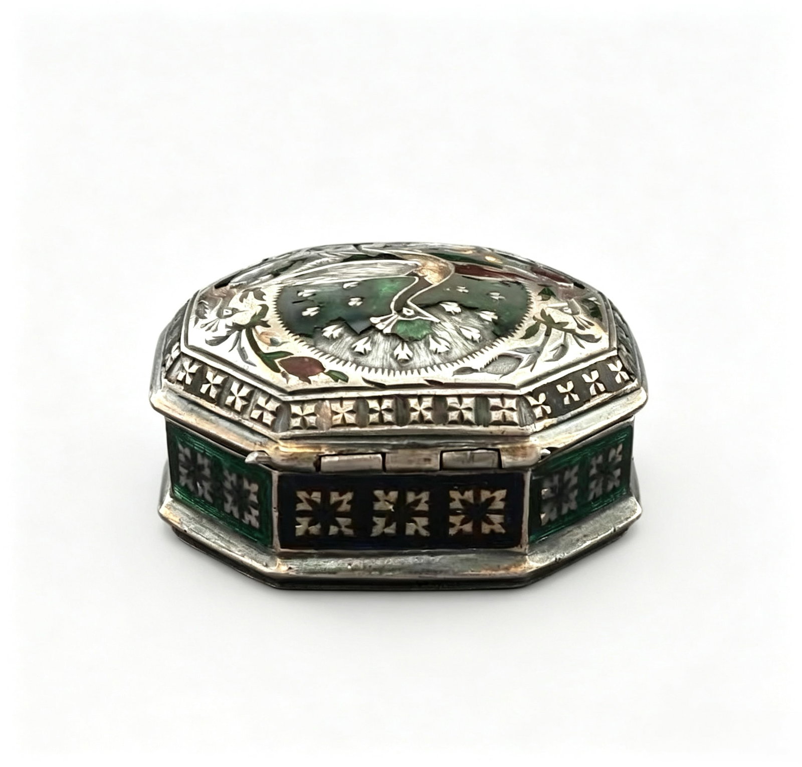 Octagonal Enameled Solid Silver Portable Box, Late Mughal Northern Indian Antique Silverware (1 of 8)