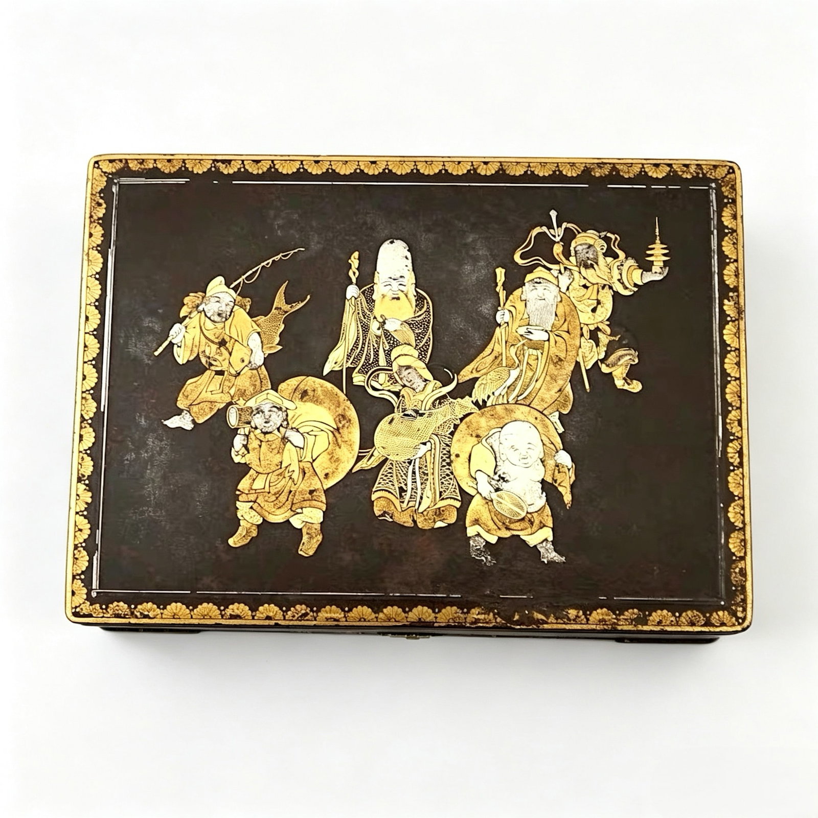 Rectangular Storage Box with Nunome Zogan Gold & Silver Inlay, Koi Main Store, Meiji Period Japanese: Recommended DateCirca 1900, crafted by the Koi Main Store workshop in the late Meiji eraWeight & DimensionsNet Weight: 618 gramsLength 5.31 in, Width 3.74 in, Height 1.57 inMaterial & Craft Descriptio
