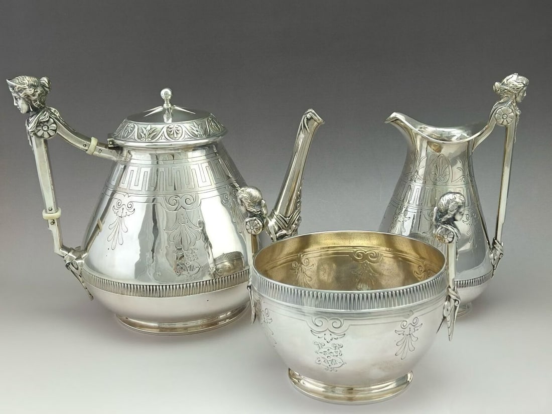 Three-Piece Neoclassical Coin Silver Tea Set, Gorham Medallion Series, 1860s, American: Date: Circa 1860s, originally designed and handcrafted by the preeminent Gorham silver manufactory in Providence, Rhode Island, USA.Weight & DimensionsTotal net weight: 1749 gramsTeapot overall height