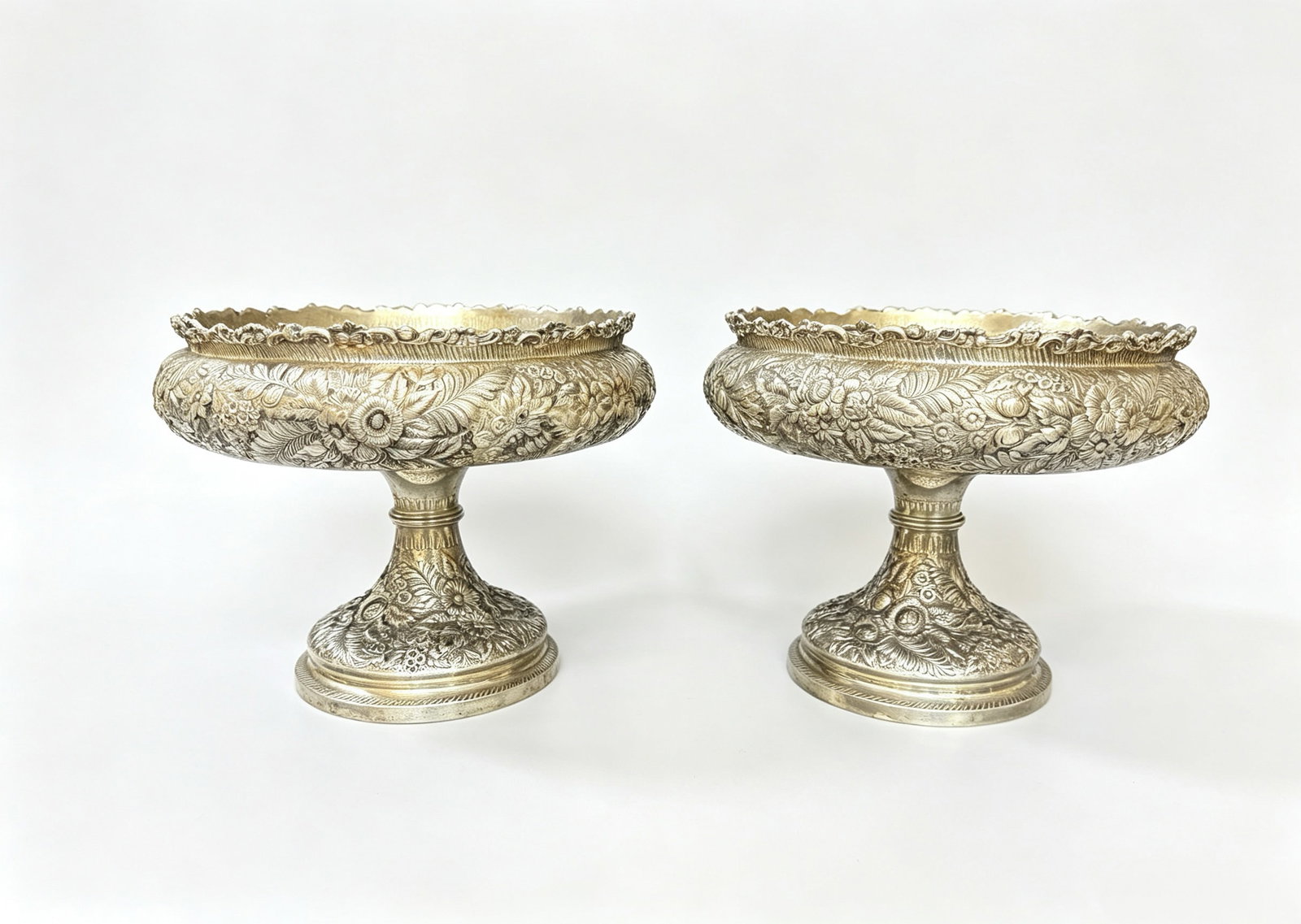Pair of Tiffany & Co. Sterling Silver Gilt Interior Repoussé Floral Compotes, Circa 1870–1891 (1 of 7)
