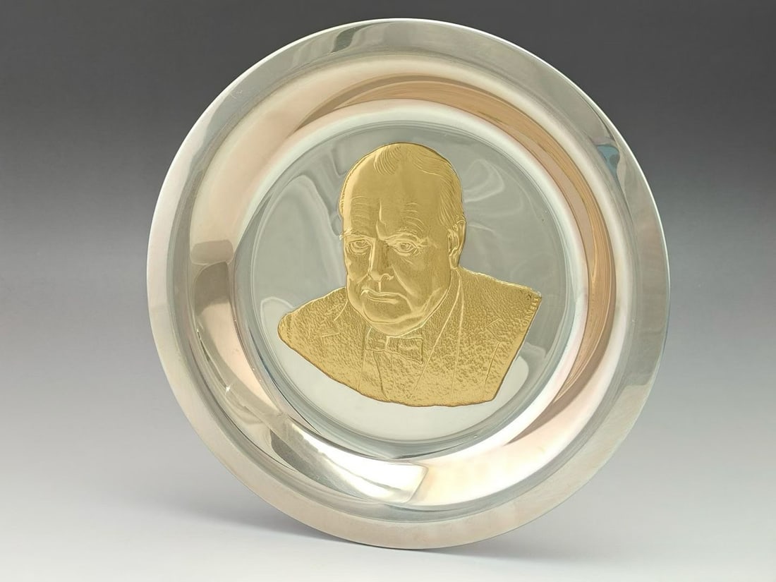 1974 Winston Churchill Centenary Trust Limited Edition Sterling Silver Gilt Presentation Dish: 1974 Winston Churchill Centenary Trust Limited Edition Sterling Silver Gilt Presentation DishMaker StudioJohn Pinches (Medallists) Ltd, a renowned British medallion manufacturerRelease BackgroundCommi
