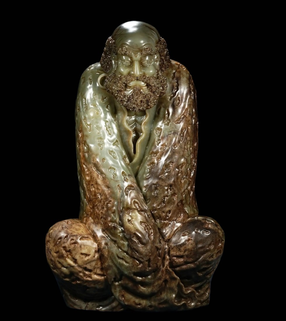 Early Qing Dynasty Hetian Green Jade Seated Dharma Statue (1 of 9)