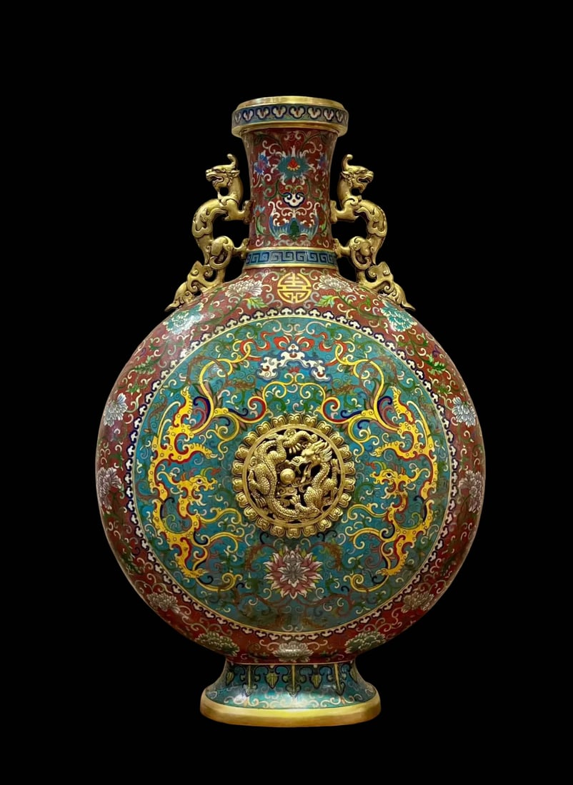 Gilt Copper Cloisonné Openwork Dragon?Pattern Moon Vase with Double Dragon Ears, Qianlong Period, (1 of 7)