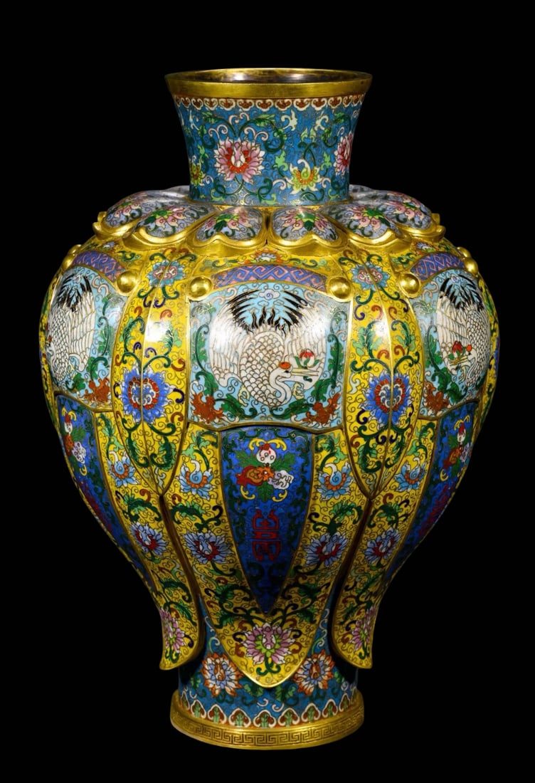 Gilt Copper Cloisonné Cicada-shaped Vase Decorated with Lotus Petal, Crane and Peach Patterns, (1 of 7)