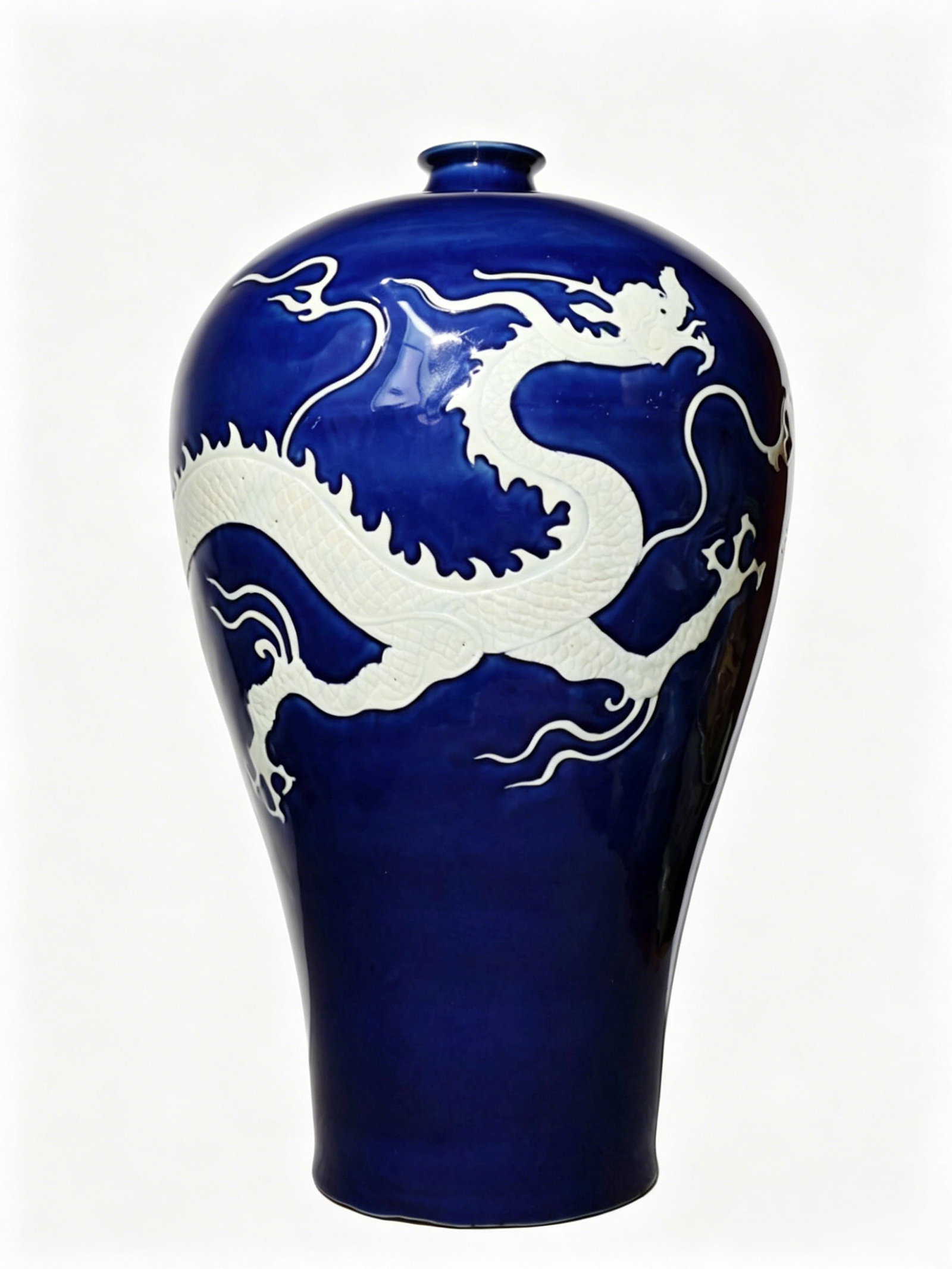 Yuan Dynasty Sacrificial Blue Glaze Relief White Dragon Meiping Vase (1 of 8)