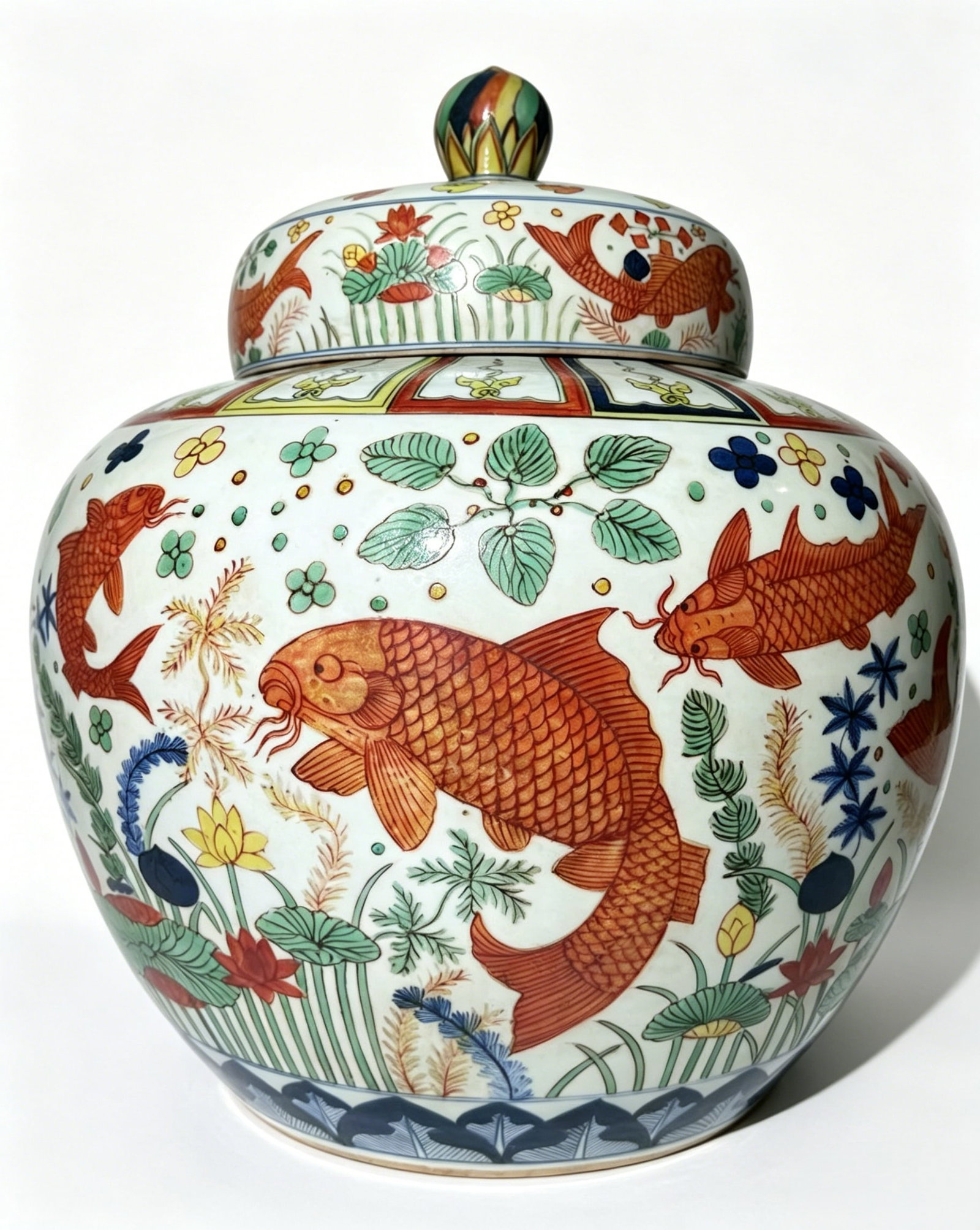 Wucai Lidded Jar with Pearl Finial, Lotus Pond, Fish and Aquatic Weed Decoration, Marked "Made in (1 of 8)