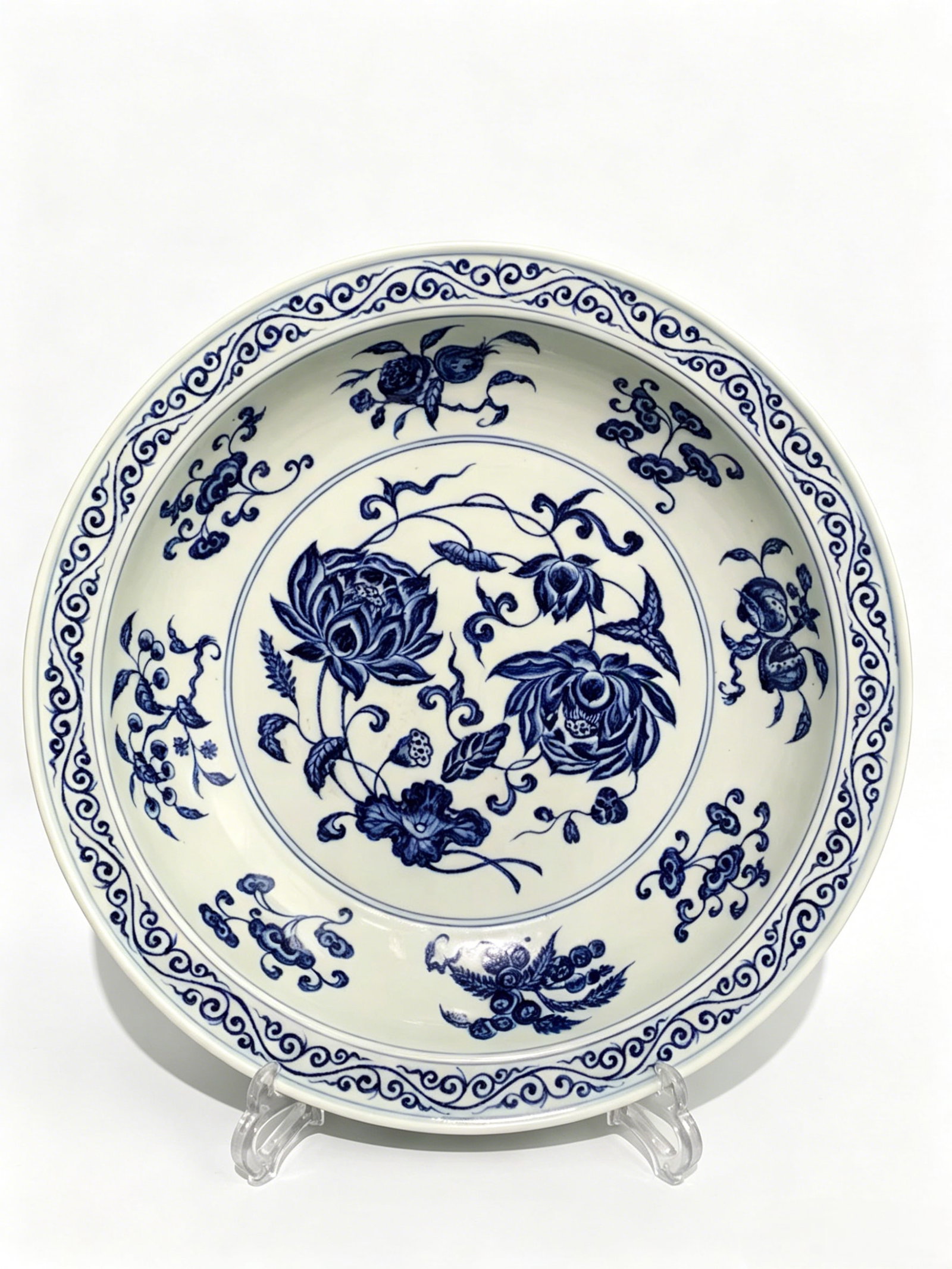 Large Flared-Rim Official Underglaze Blue Dish with Interlocking Lotus and Auspicious Four-Season (1 of 7)