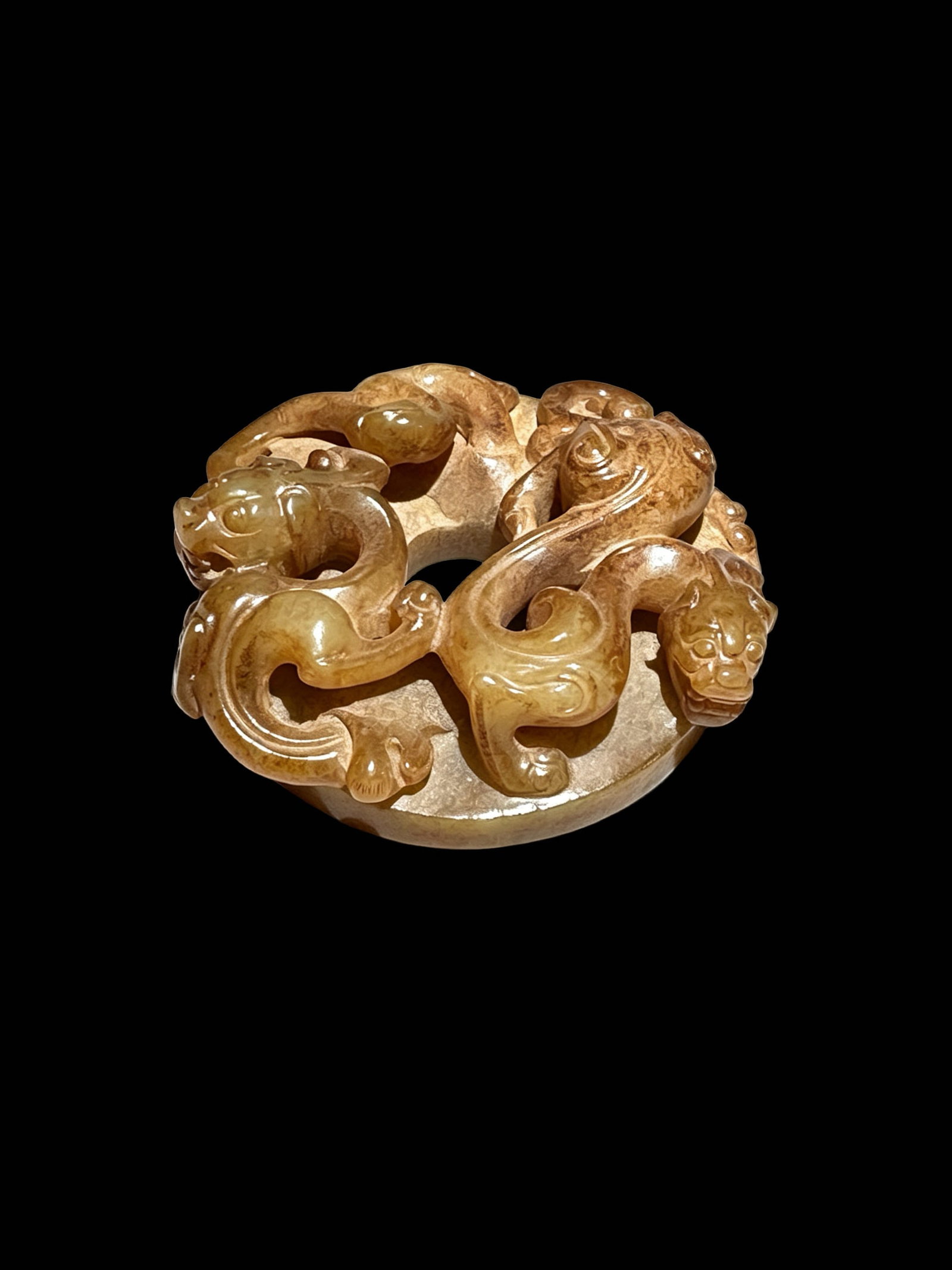 Hetian Jade Pendant Bi Disc with High-Relief Double Chi Dragon Motifs: Proposed Date: Han Dynasty Bi Disc Pendant with High-Relief Chi Dragon PatternsDimensions: Length 6.18 cm (2.43 inches), thickness 1.8 cm (0.71 inches); constructed on a circular jade bi base, with