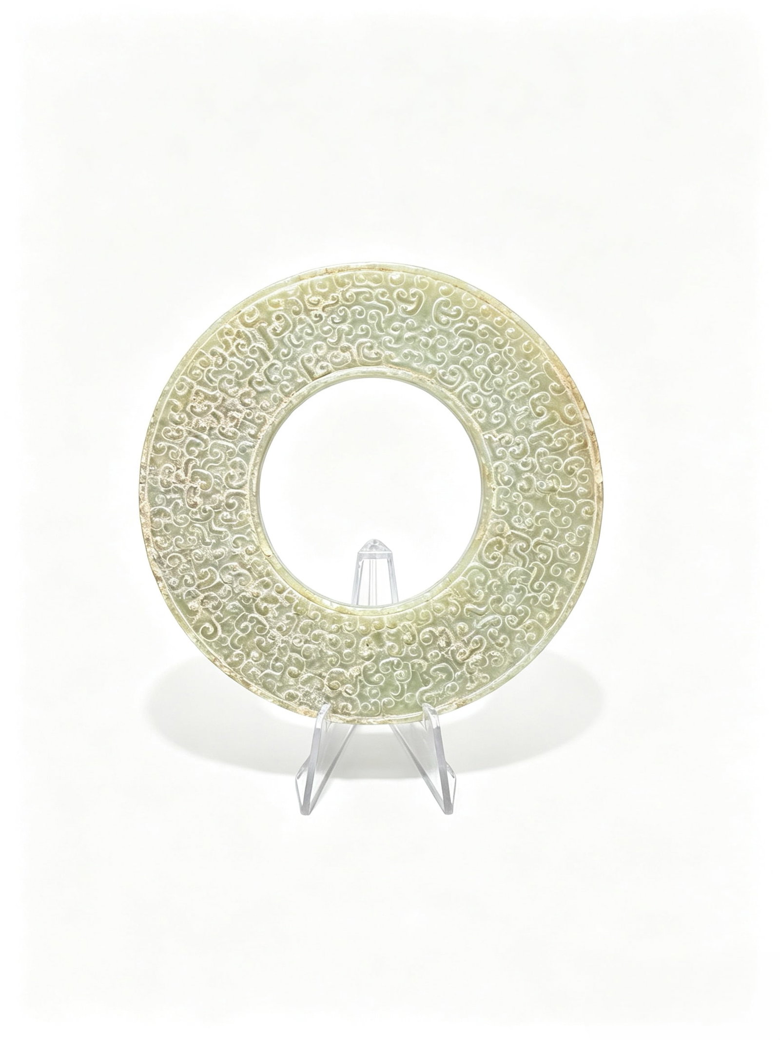 Spring and Autumn Period Hetian Celadon Jade Bi Disc with Coiled Chi Dragon Motifs (1 of 6)