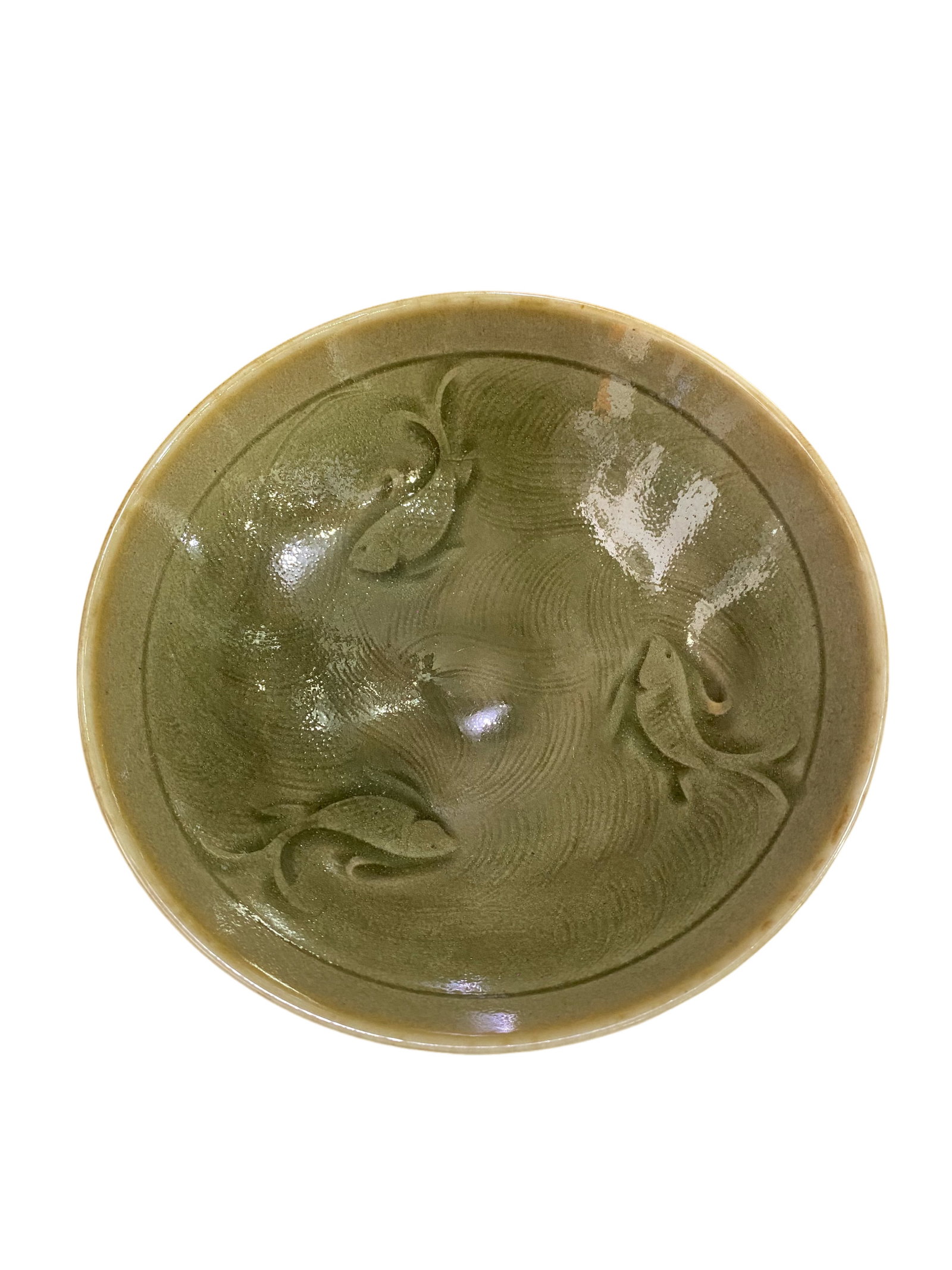 Song-Jin Dynasty Yaozhou Huangpu Kiln Olive Celadon Conical Tea Bowl with Fish and Peony Scroll (1 of 2)