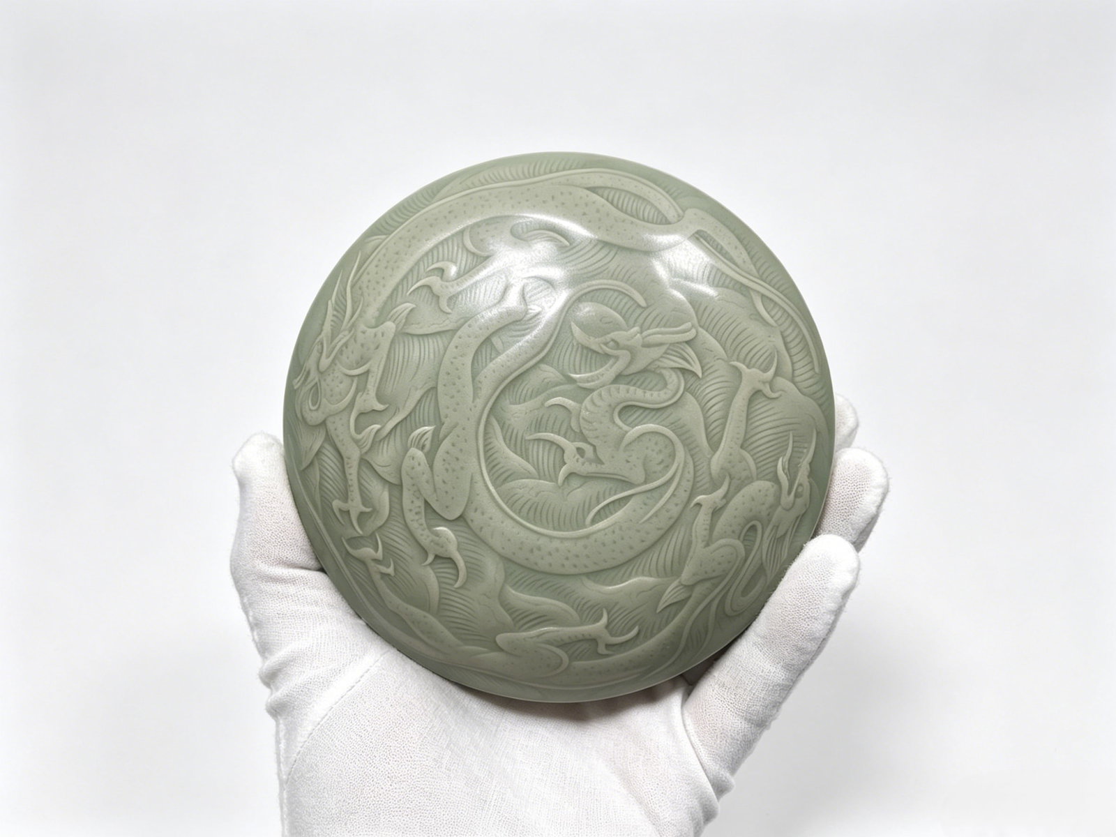 Yue Kiln Secret Celadon Covered Box Carved with Sea Wave & Dragon Patterns, Five Dynasties –: Basic InformationPeriod: Five Dynasties to Northern Song DynastyKiln: Yue Kiln (Core production zone of Shanglinhu Secret Color Kiln)Vessel Type: Round scholar’s covered box (dual-purpose for ink pa
