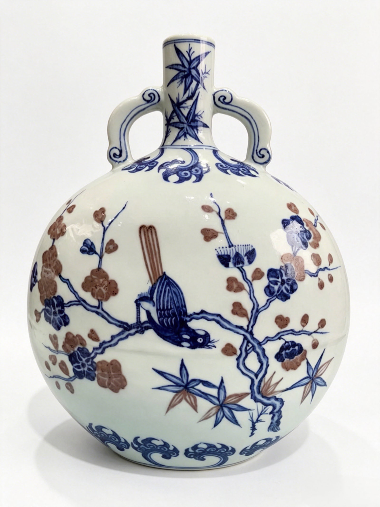 Flat Moon Flask with Ruyi Handles, Underglaze Blue and Copper Red Magpie and Plum Blossom Motifs (1 of 5)