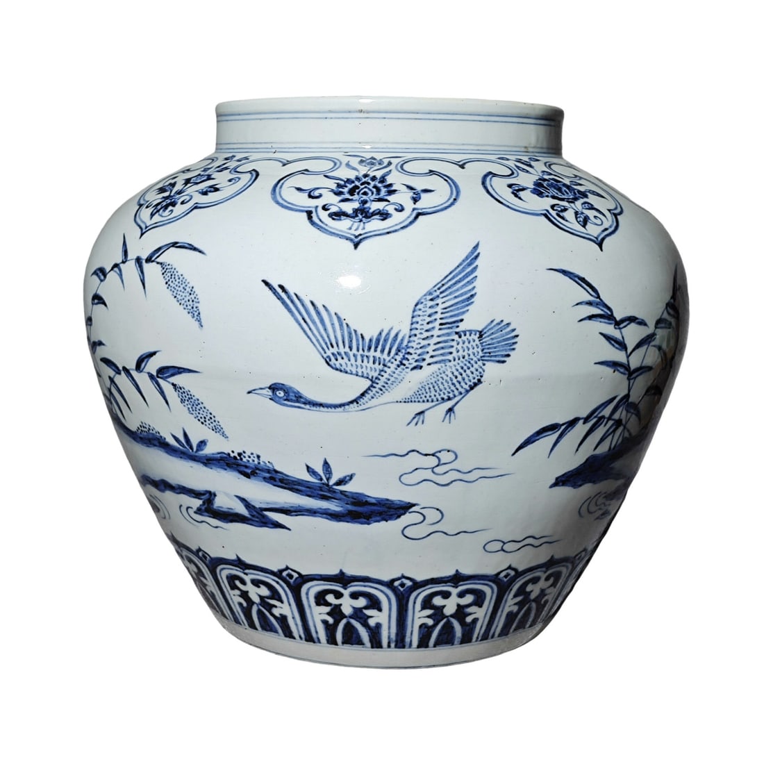 Large Porcelain Jar with Underglaze Blue Reeds and Wild Geese Motifs (1 of 7)