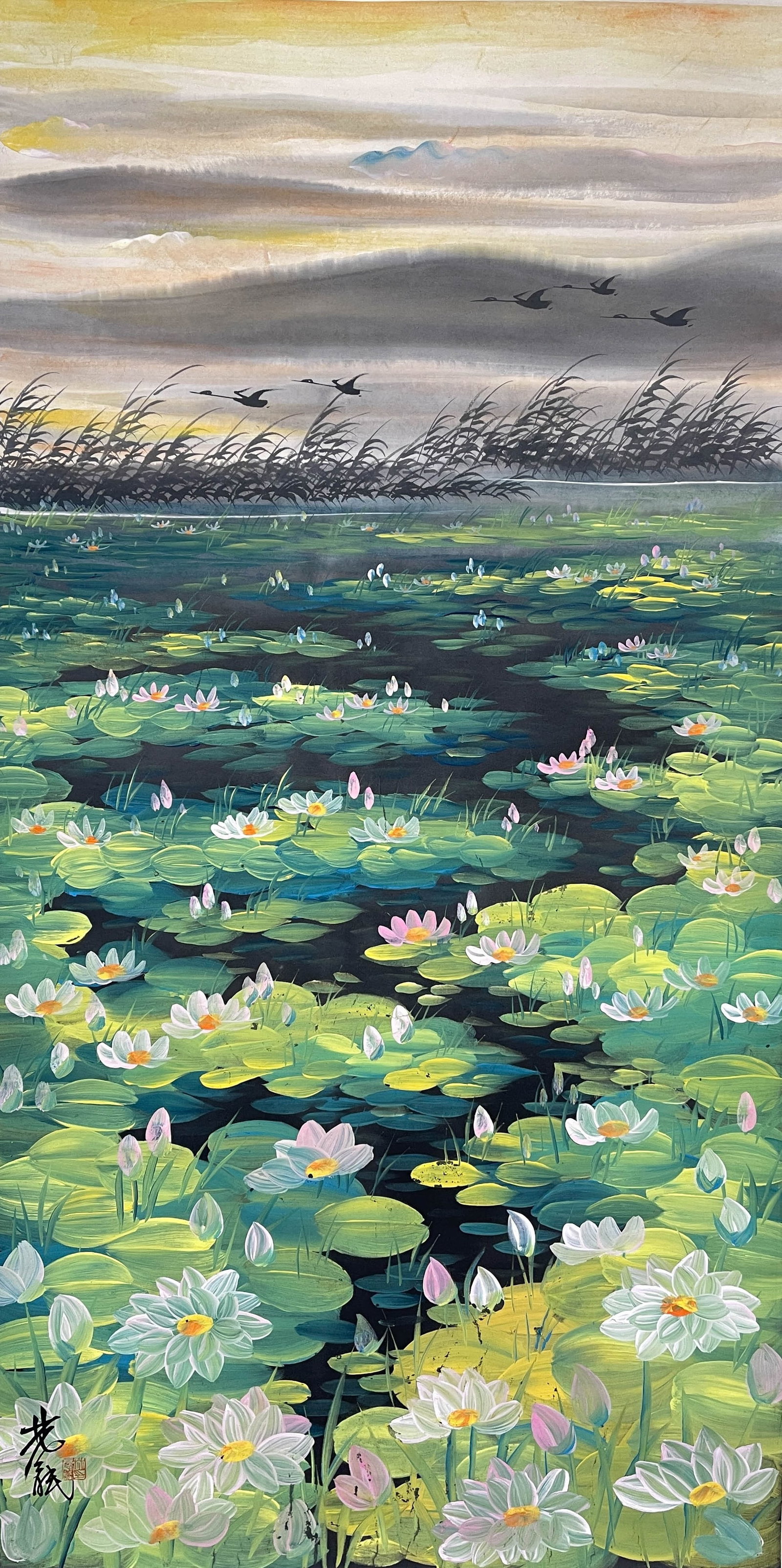 Lin Fengmian, Shadow of Heron in Lotus Pond, hanging scroll on paper (1 of 6)