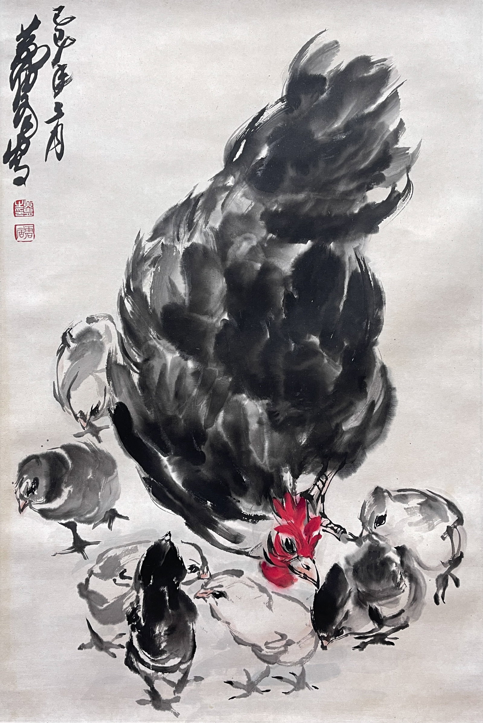Huang Zhou, Picture of a Group of Chickens, Hanging Scroll on Paper: 67*45cm