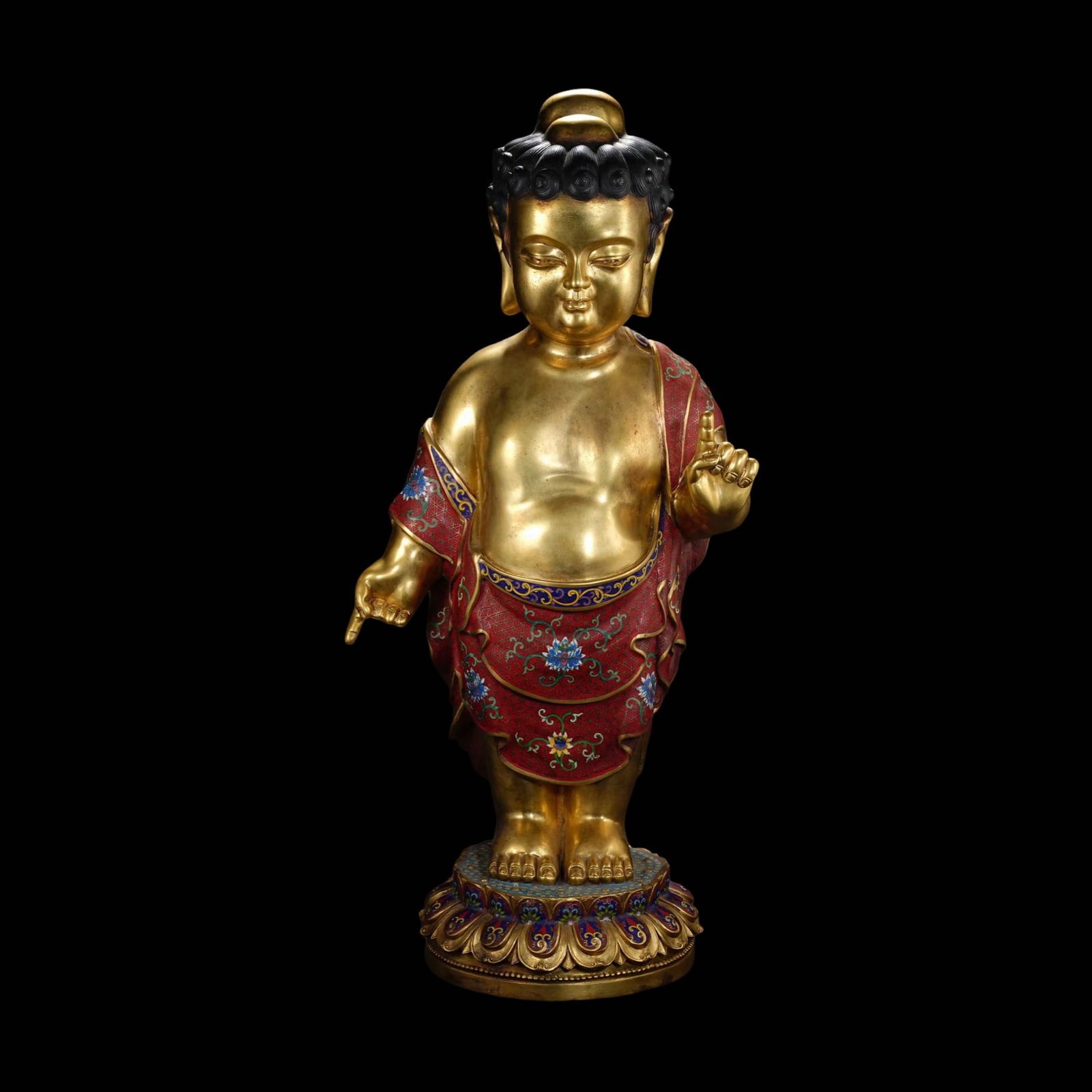 Gilt Bronze Cloisonné Standing Statue of Infant Sakyamuni, Qing Dynasty: Gilt Bronze Cloisonné Standing Statue of Infant Sakyamuni, Qing DynastyI. Basic InformationDating Suggestion: Mid-Qing Dynasty (Qianlong to Jiaqing Periods, 18th–19th Century)Material: Finely cast 