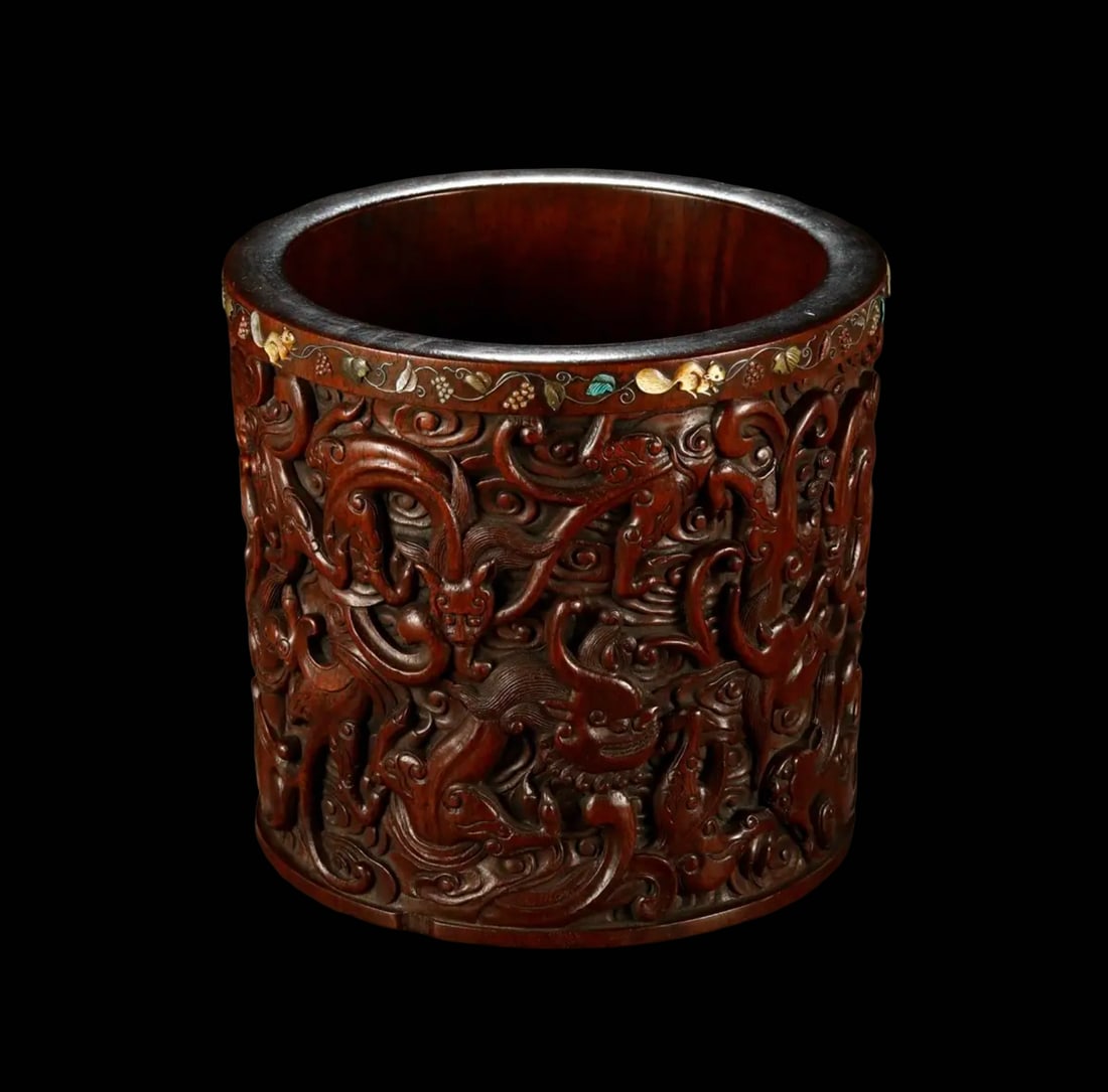 Huanghuali Brush Pot with Deep-Relief Chi Dragons and Clouds, Inlaid Mother-of-Pearl Rim, Qing (1 of 8)