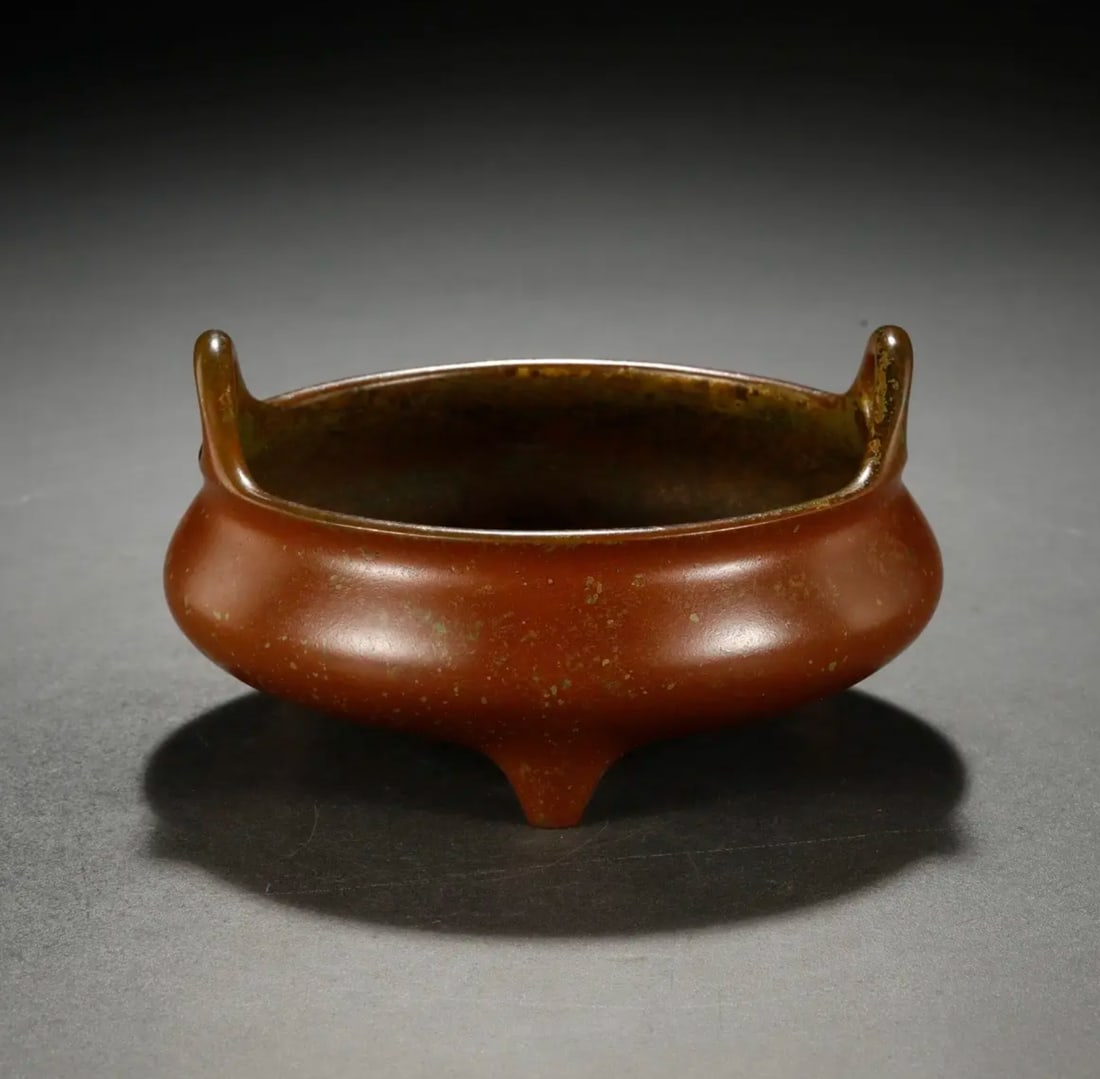 Gilded-Speckled Bronze Tripod Censer with Upright Ears, Chongzhen Mark, Late Ming Dynasty (1 of 5)