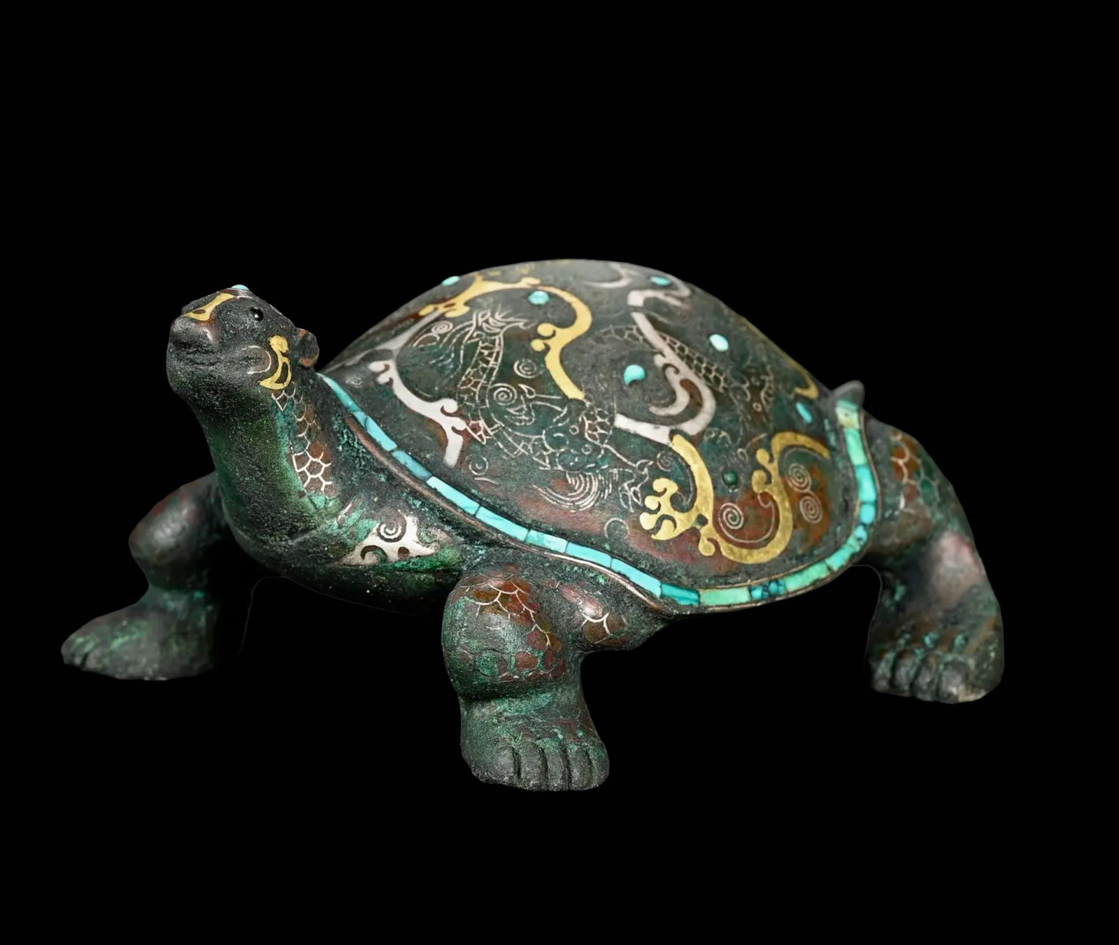 Bronze Turtle Paperweight with Gold and Silver Inlay and Turquoise Decoration (1 of 10)