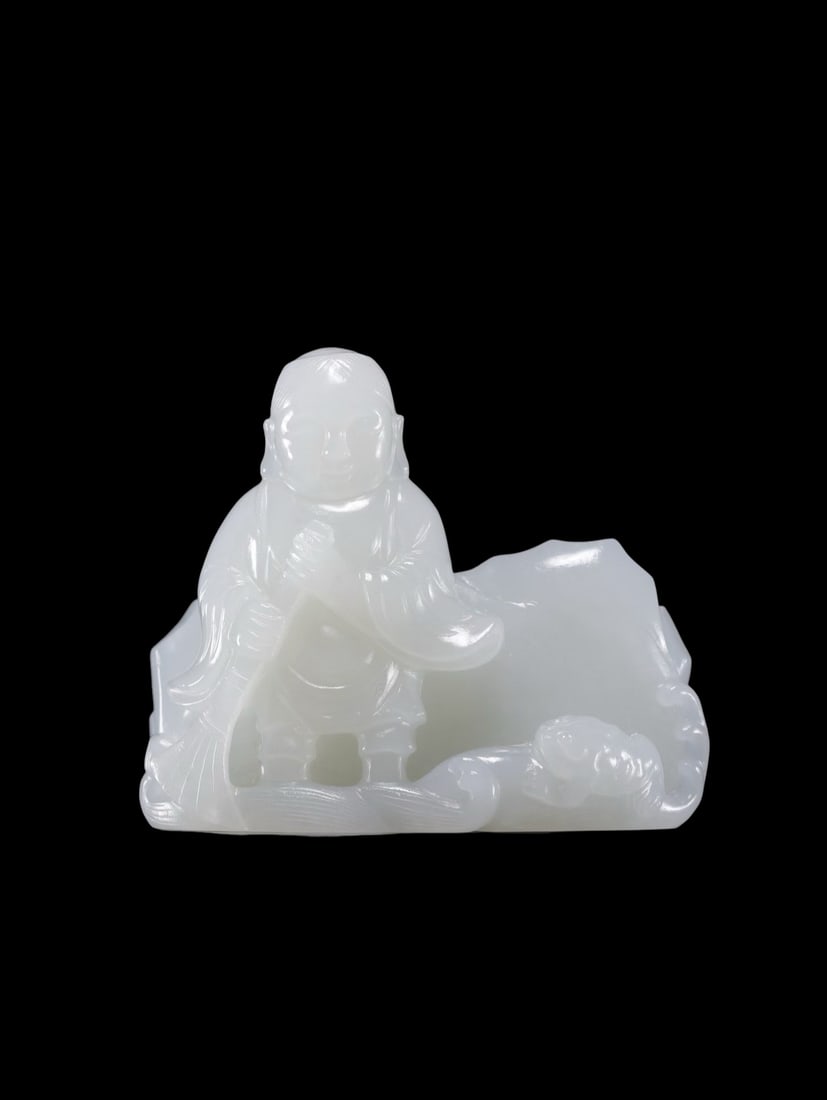 Hetian White Jade Solid Round-Carved Table Ornament: Liu Hai Teases the Golden Toad (1 of 9)