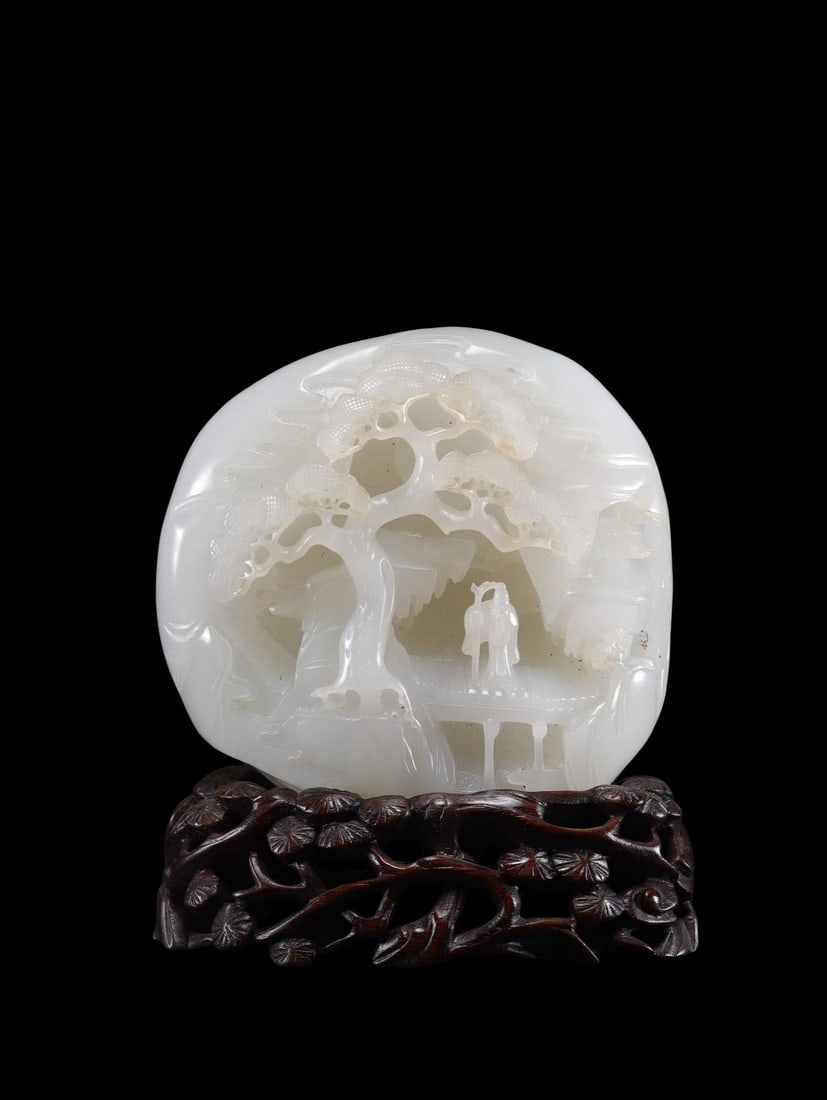 Hetian White Jade Boulder Carving with Multi-Layer Openwork: Scholar Visiting Immortal in Mountain: Hetian White Jade Boulder Carving with Multi-Layer Openwork: Scholar Visiting Immortal in Mountain Secluded SceneryI. Basic InformationMaterialTop-grade white Hetian jade mountain boulder material. Th