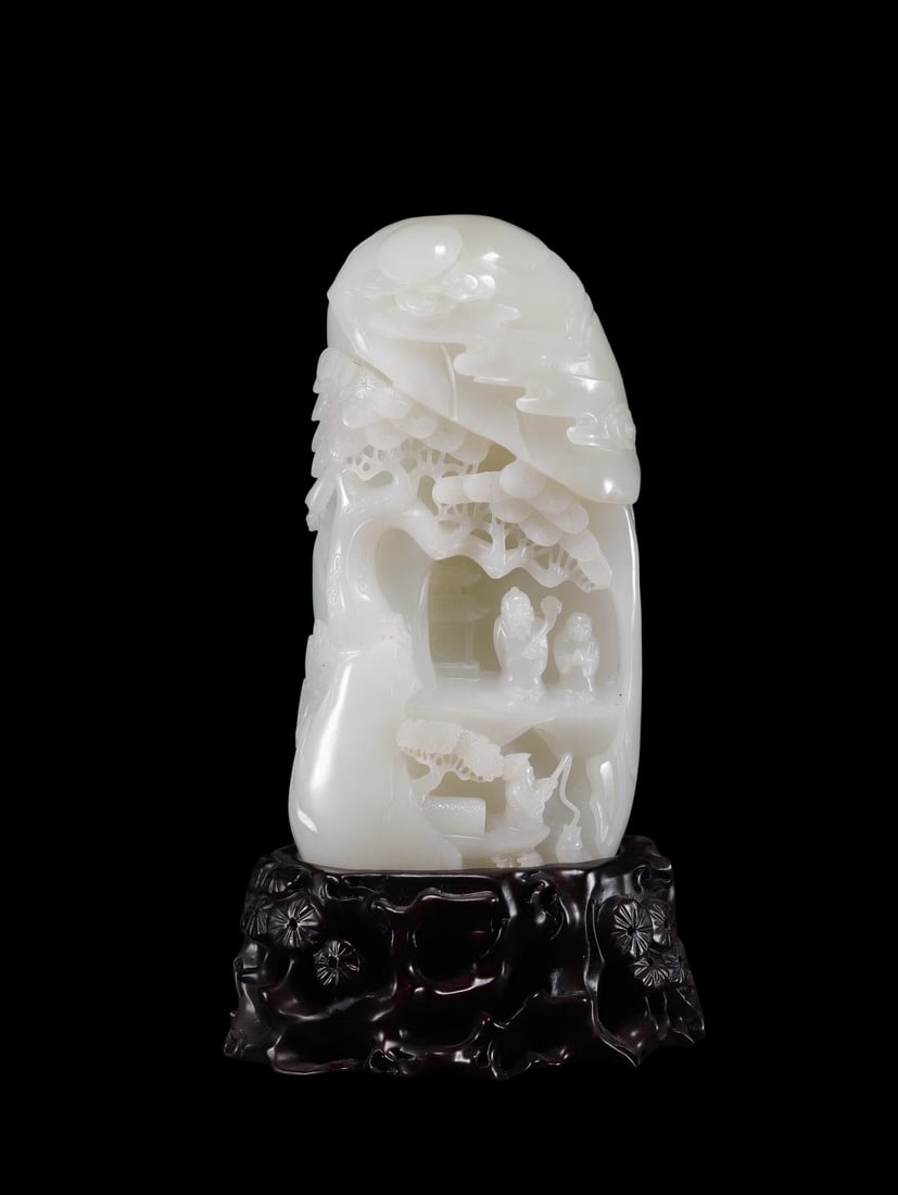 Hetian White Jade Boulder Ornament with Multi-Tier Openwork: Recluse Scholars Visiting Immortals in: Hetian White Jade Boulder Ornament with Multi-Tier Openwork: Recluse Scholars Visiting Immortals in Secluded MountainsI. Basic InformationMaterialTop-grade white Hetian jade mountain boulder material.