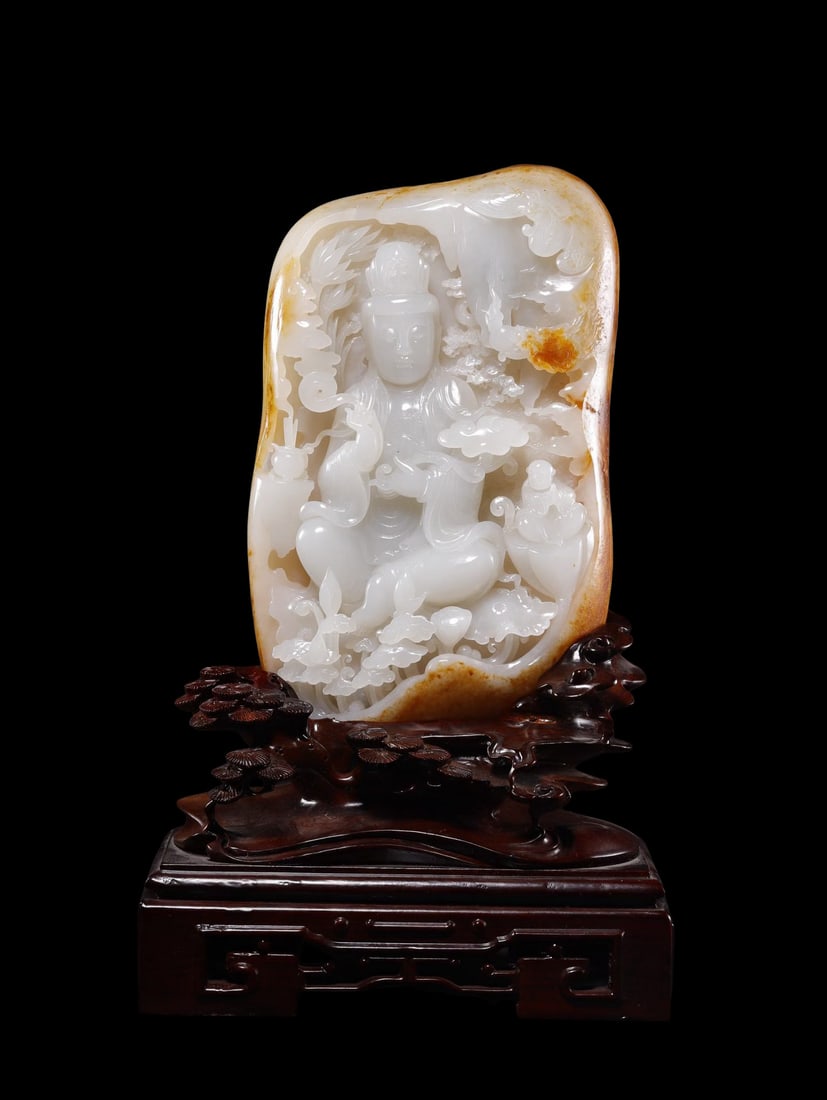 Hetian Seed Jade Boulder Carving with Retained Natural Skin & Multi-Layer Openwork: Guanyin with Boy: Hetian Seed Jade Boulder Carving with Retained Natural Skin & Multi-Layer Openwork: Guanyin with Boy Paying HomageI. Basic InformationMaterialTop-grade white Hetian natural seed jade. The entire raw p