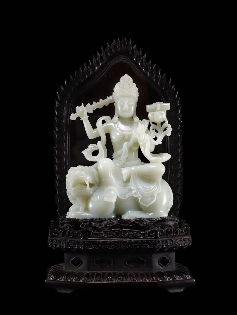 Mid-Qing Period White Hetian Jade Seated Manjushri Bodhisattva on Lion: Mid-Qing Period White Hetian Jade Seated Manjushri Bodhisattva on LionII. Basic Dimensions & WeightOverall dimensions of jade carving: Height 21 cm (8.27 inches), Width 15.5 cm (6.10 inches), Depth 8.