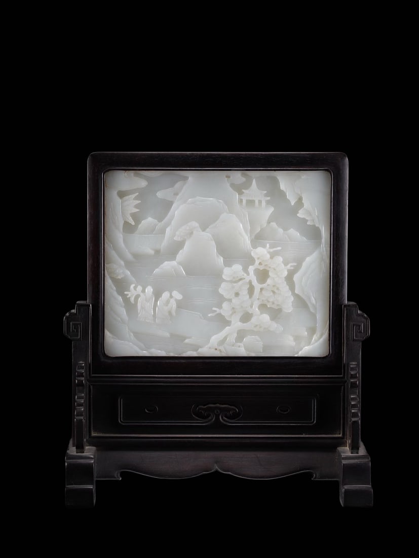 Mid-Qing Period Square White Hetian Jade Table Screen with Landscape and Scholarly Figures: Basic Dimensions & WeightOuter dimensions of the complete screen set: Height 21 cm (8.27 inches), Width 24.5 cm (9.65 inches)Dimensions of the jade plaque inlay: Height 15.5 cm (6.10 inches), Width 13