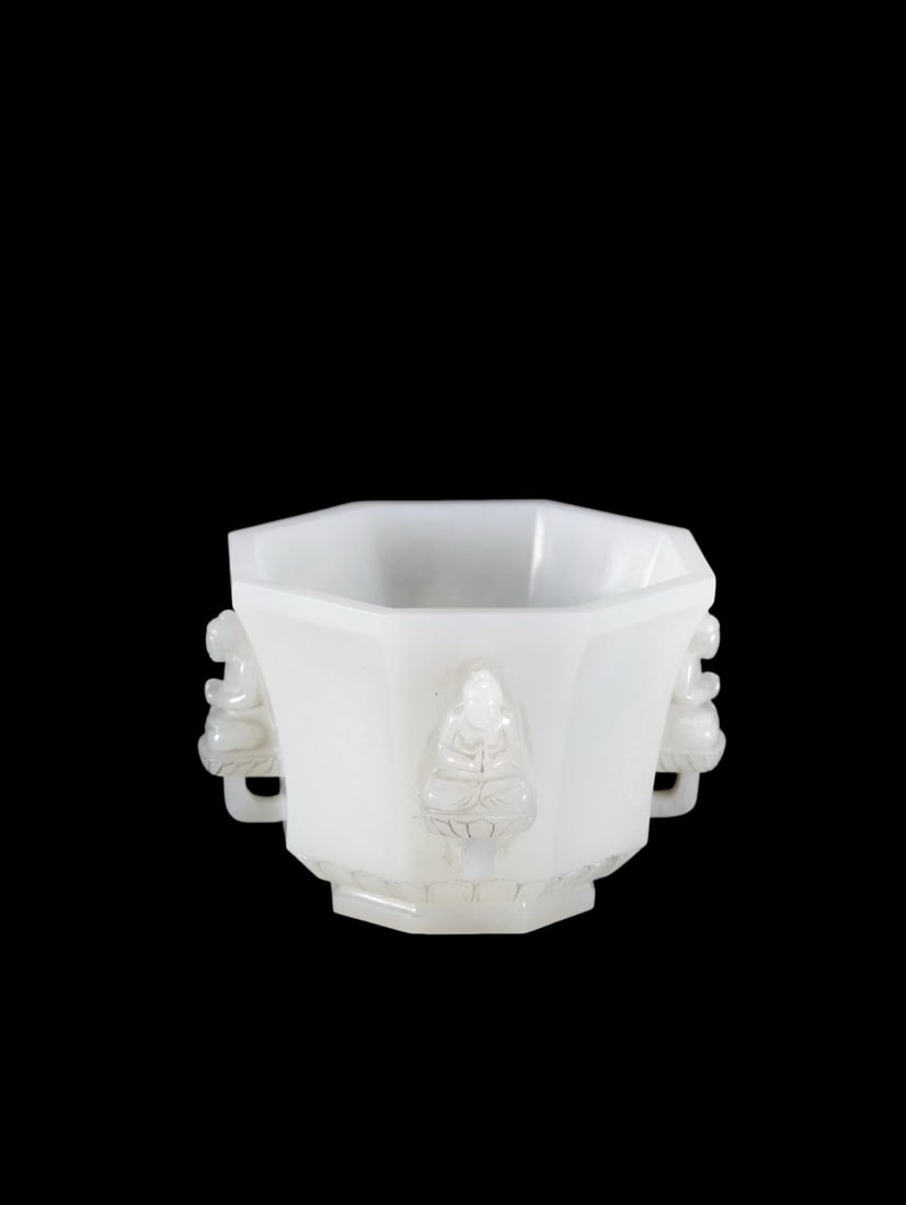 Mid-Qing Period White Hetian Jade Octagonal Ritual Offering Cup Decorated with Seated Buddhas on (1 of 9)