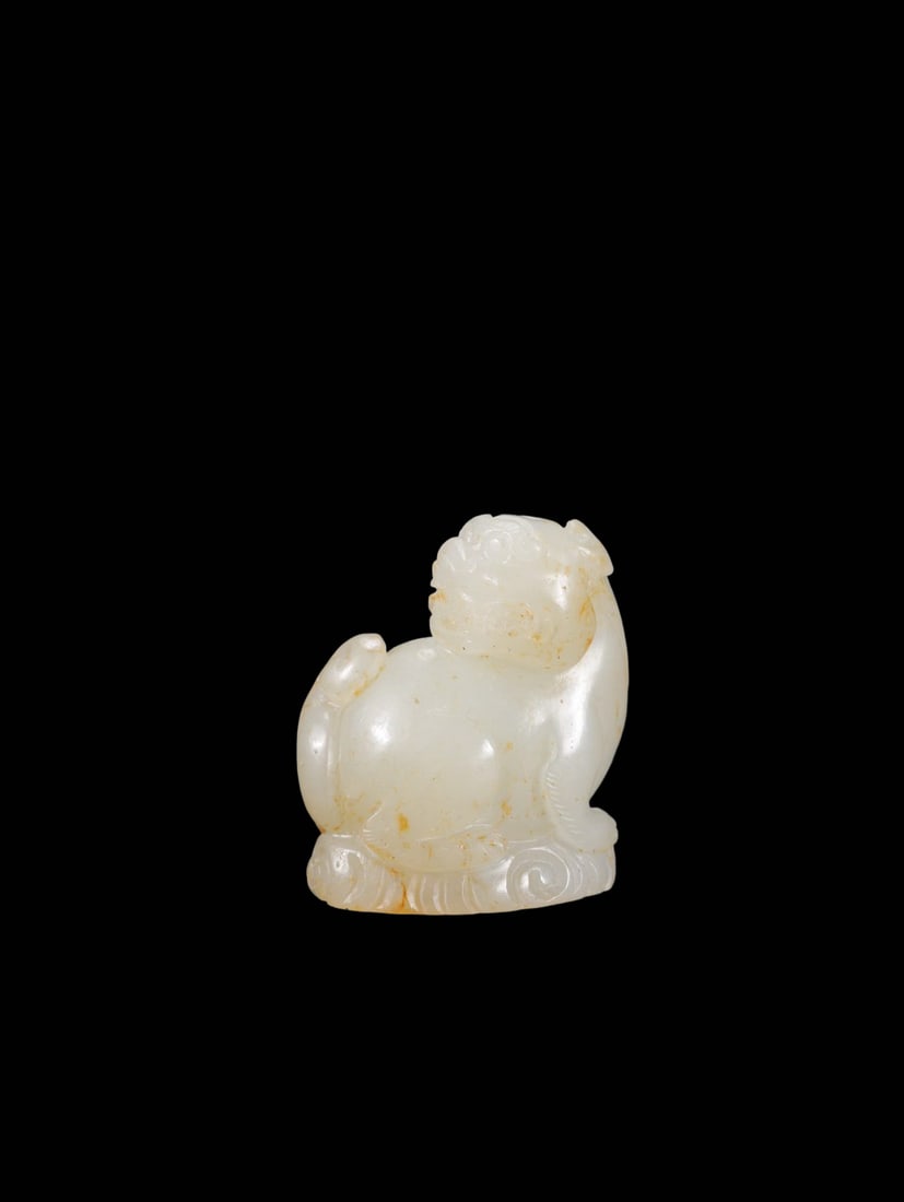 Mid-Qing Period White Hetian Jade Ornament of Standing Auspicious Beast on Cloud Base with Natural: Mid-Qing Period White Hetian Jade Ornament of Standing Auspicious Beast on Cloud Base with Natural Golden Splash Mineral PatinaI. Period AttributionMid-Qing Dynasty, Openwork White Hetian Jade Pendant