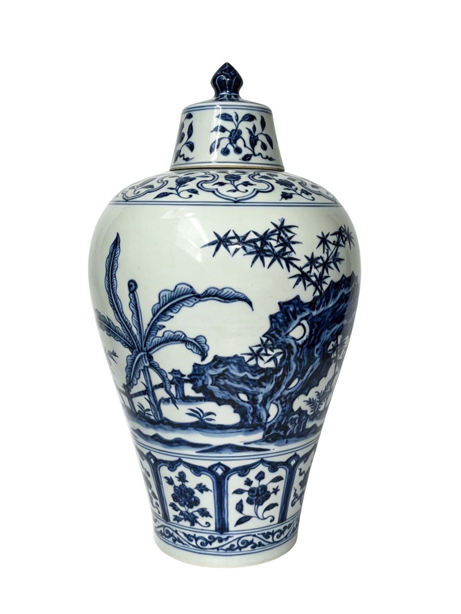 Blue and white plum vase decorated with bamboo, rock and plantain patterns (1 of 8)
