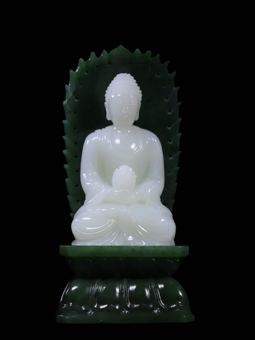Mid-Qing Dynasty Suite: White Hetian Jade Seated Medicine Buddha Statue with Spinach Green Jade: Mid-Qing Dynasty Suite: White Hetian Jade Seated Medicine Buddha Statue with Spinach Green Jade Lotus Throne and Flame Mandorla BackscreenI. Period AttributionMid-Qing Dynasty, A Complete Set of White