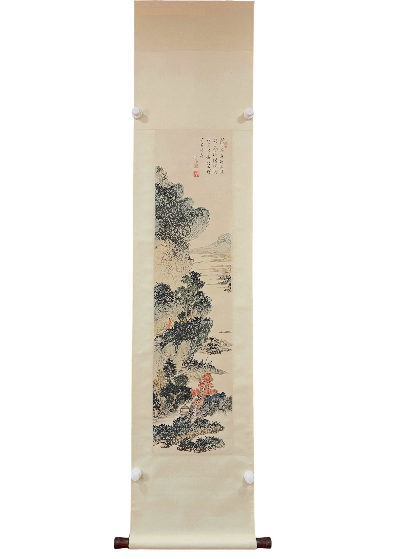 Puru, Landscape and Figures, Paper Standing Scroll: 111*27cm