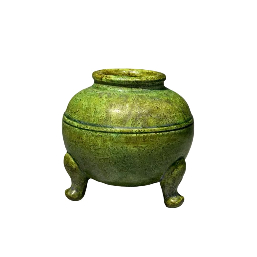 Tang Dynasty Green-Glazed Marbled Clay Tripod Censer (1 of 5)