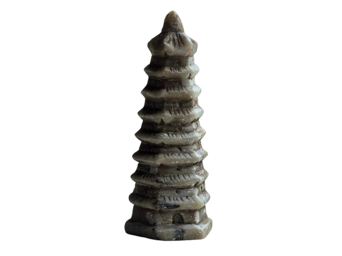 Ming-Qing Stone Pagoda: Period: Ming and Qing DynastiesMaterial: Hand-carved from a single piece of natural talc stoneDimensions: Overall height 6.8 cm (2.68 inches)Function: Mini Buddhist votive statue for scholar’s desk 