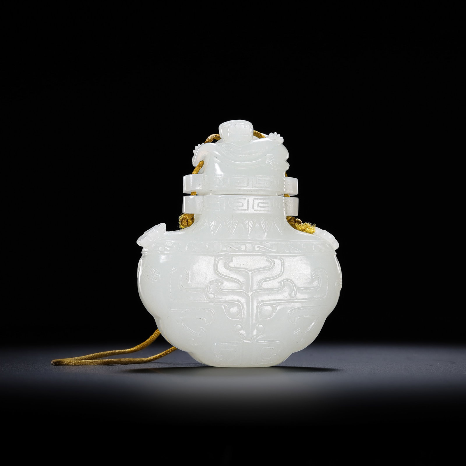 Chinese Qing Dynasty Hetian white jade covered bottle with animal mask design (1 of 11)