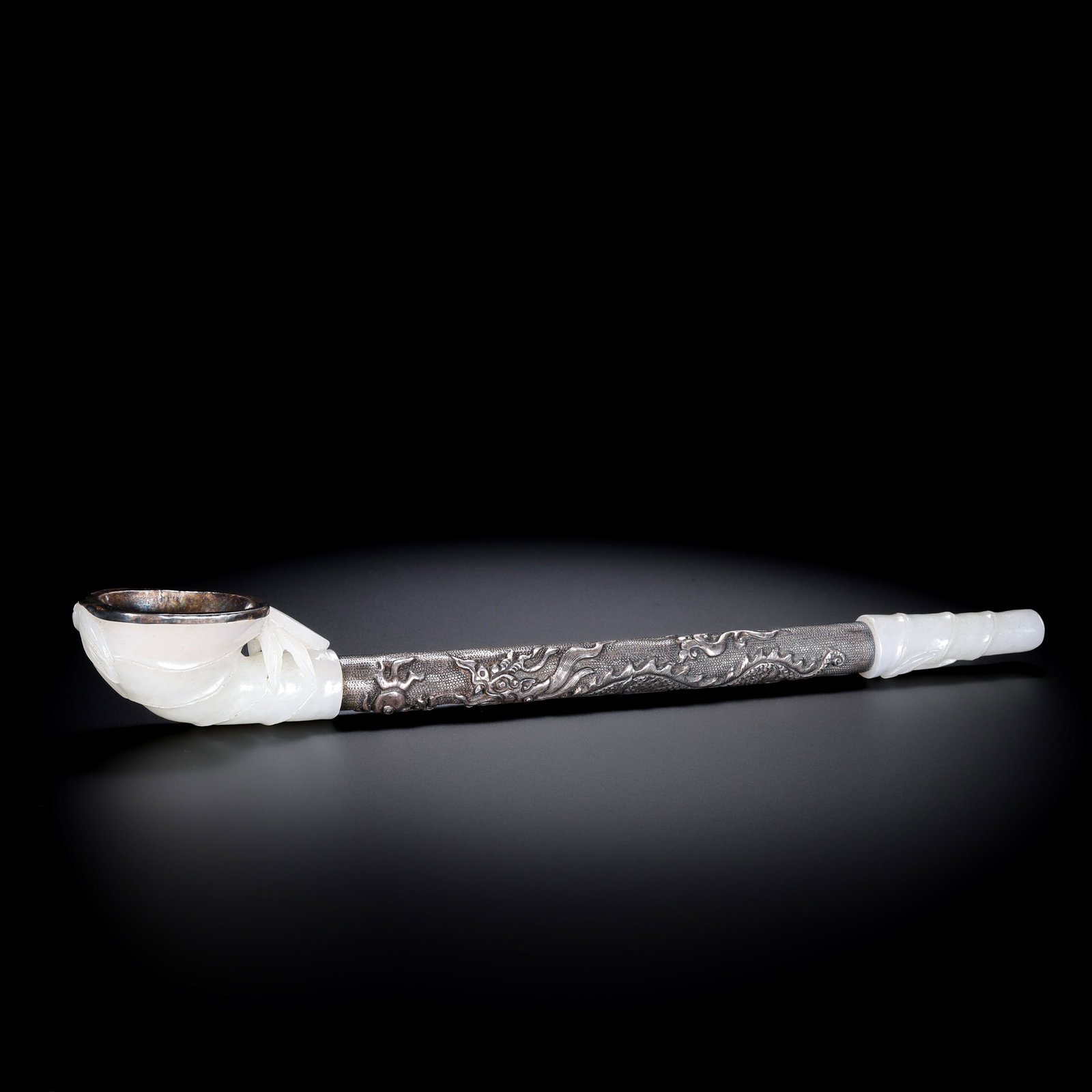 Chinese Qing Dynasty pure silver pipe inlaid with Hetian white jade dragon pattern (1 of 10)