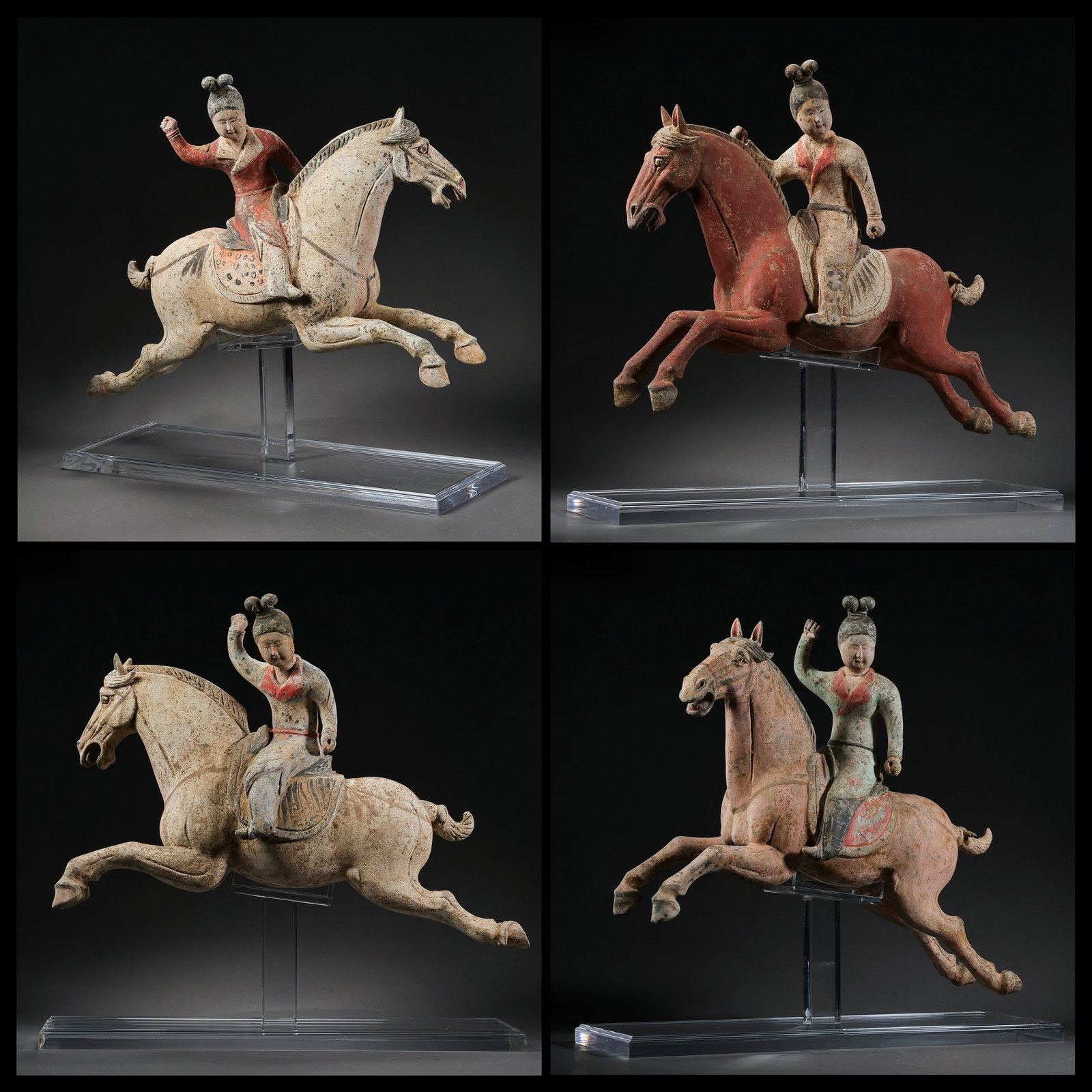 A set of painted pottery horses from the Tang Dynasty in China: H. 30 cm. W. 45 cm. H. 37 cm. W. 43 cm.