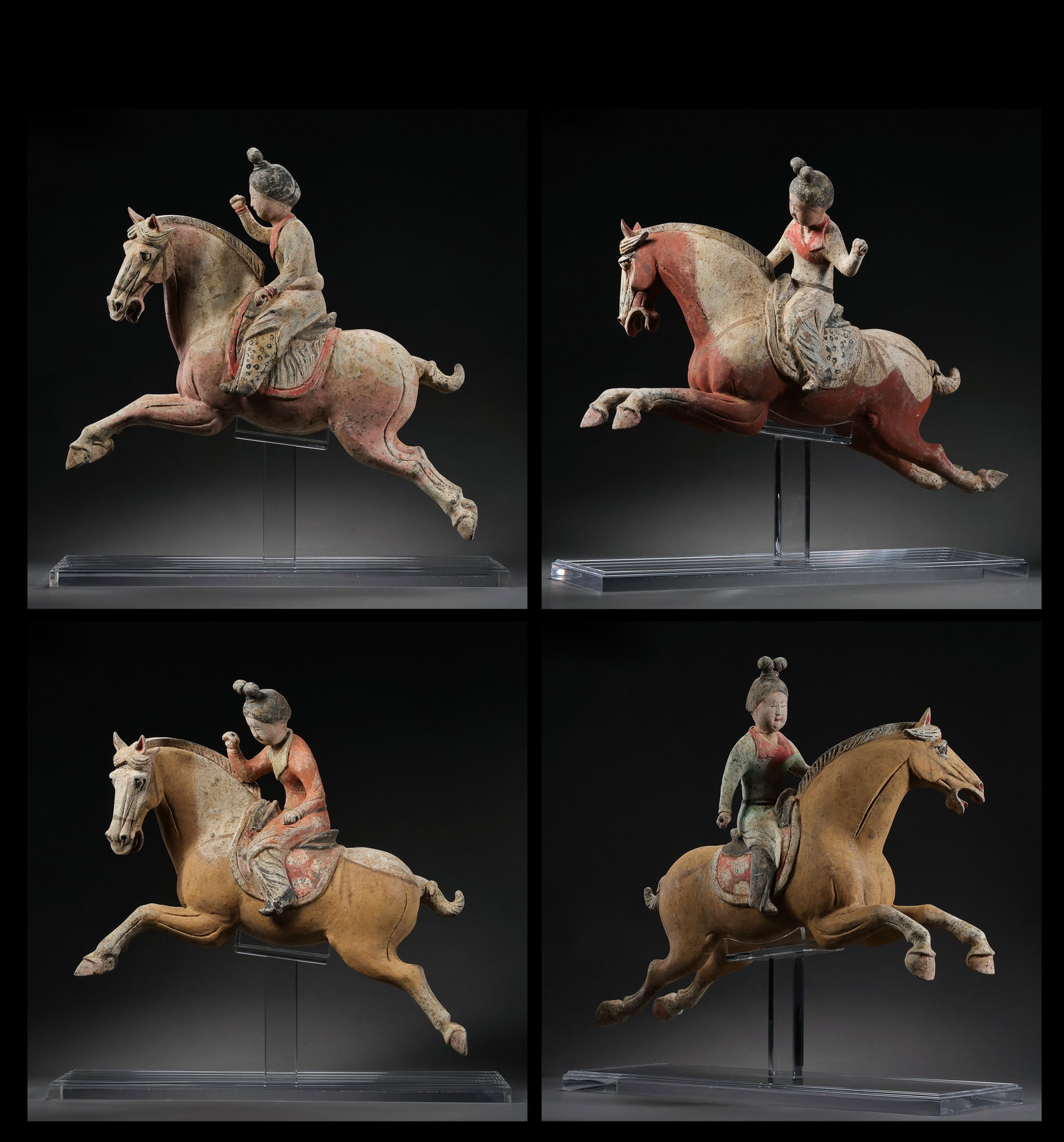 A set of painted pottery horses from the Tang Dynasty in China: H. 43 cm. W. 41 cm. H. 41 cm. W. 45 cm.