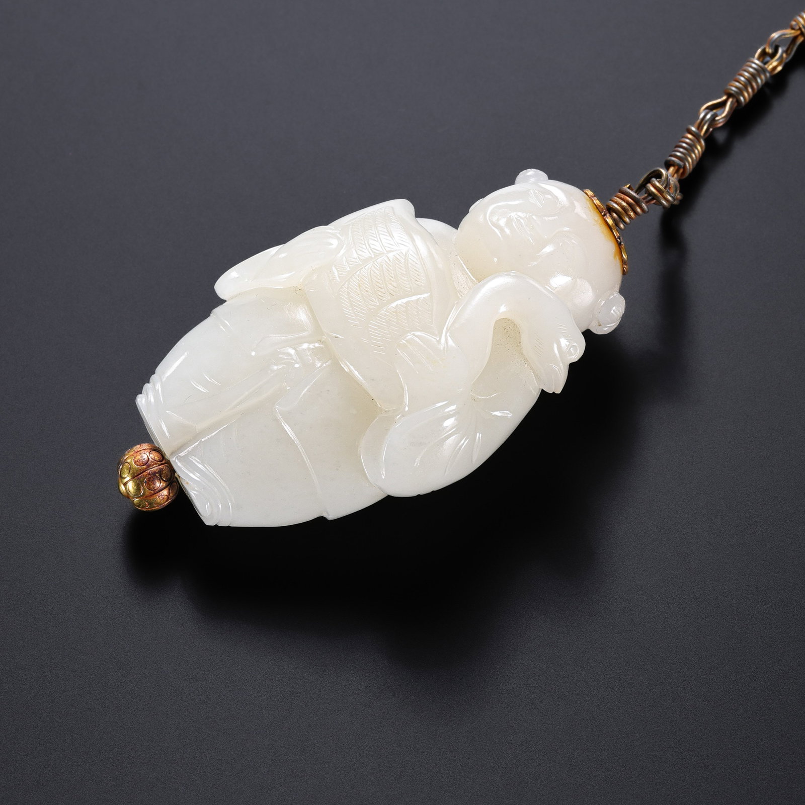 Chinese Liao Dynasty Hetian white jade boy pendant: H . 6 cm . L . 3.5 cm . Weight 52 gram .