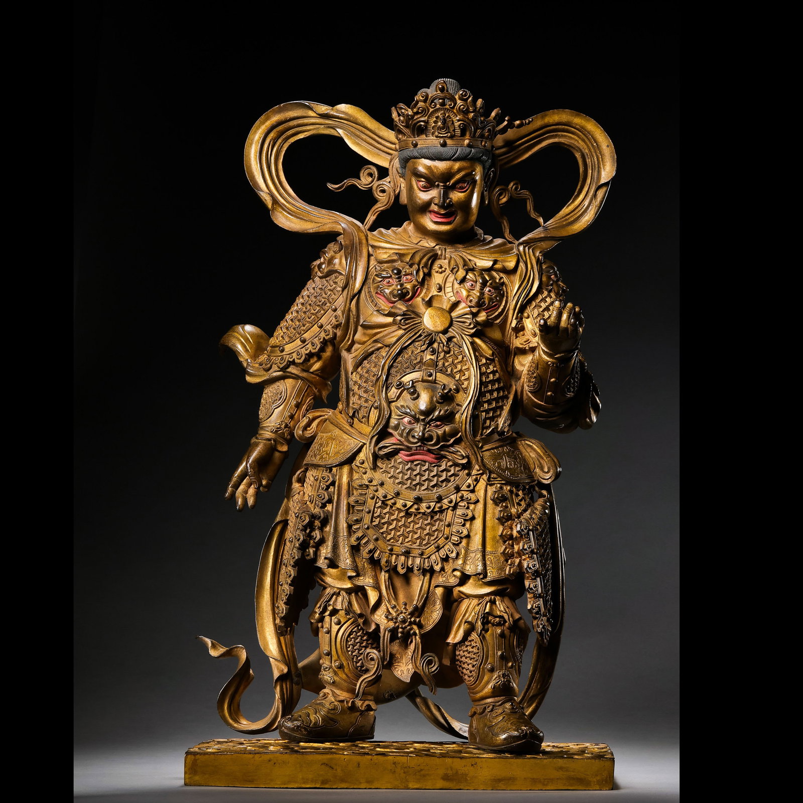 Chinese Ming Dynasty Gilt Bronze Standing Heavenly King Statue: H . 51 cm . L . 28 cm . Weight 17439 gram .