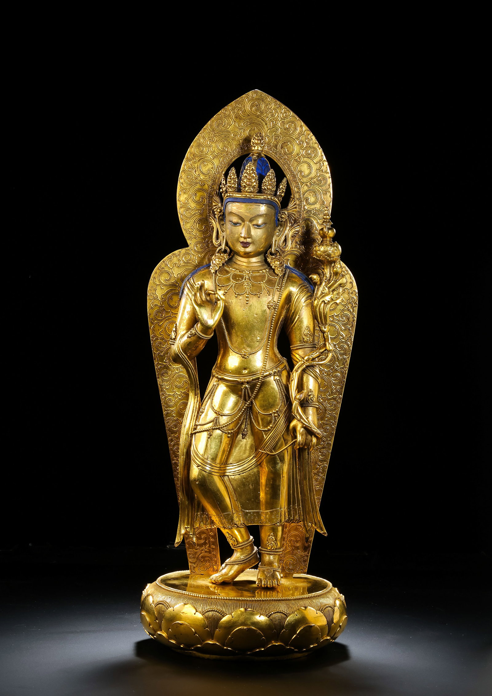Chinese gilt bronze standing Buddha statue: H . 52 cm .L . 19.5 cm . Weight 7386 gram .